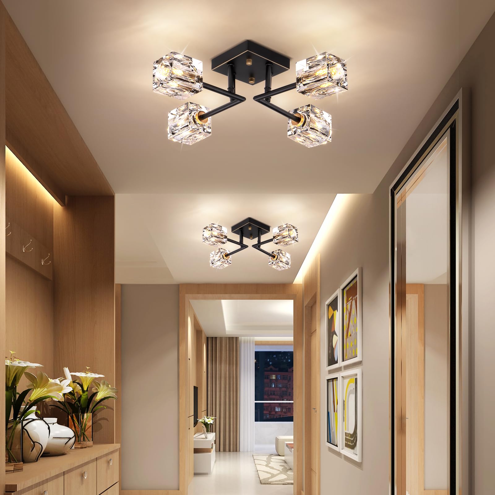 OKES Modern Crystal Ceiling Light - Semi Flush Mount 4-Lights - Black and Gold Sputnik Chandelier for Bedroom, Dining Room, Office