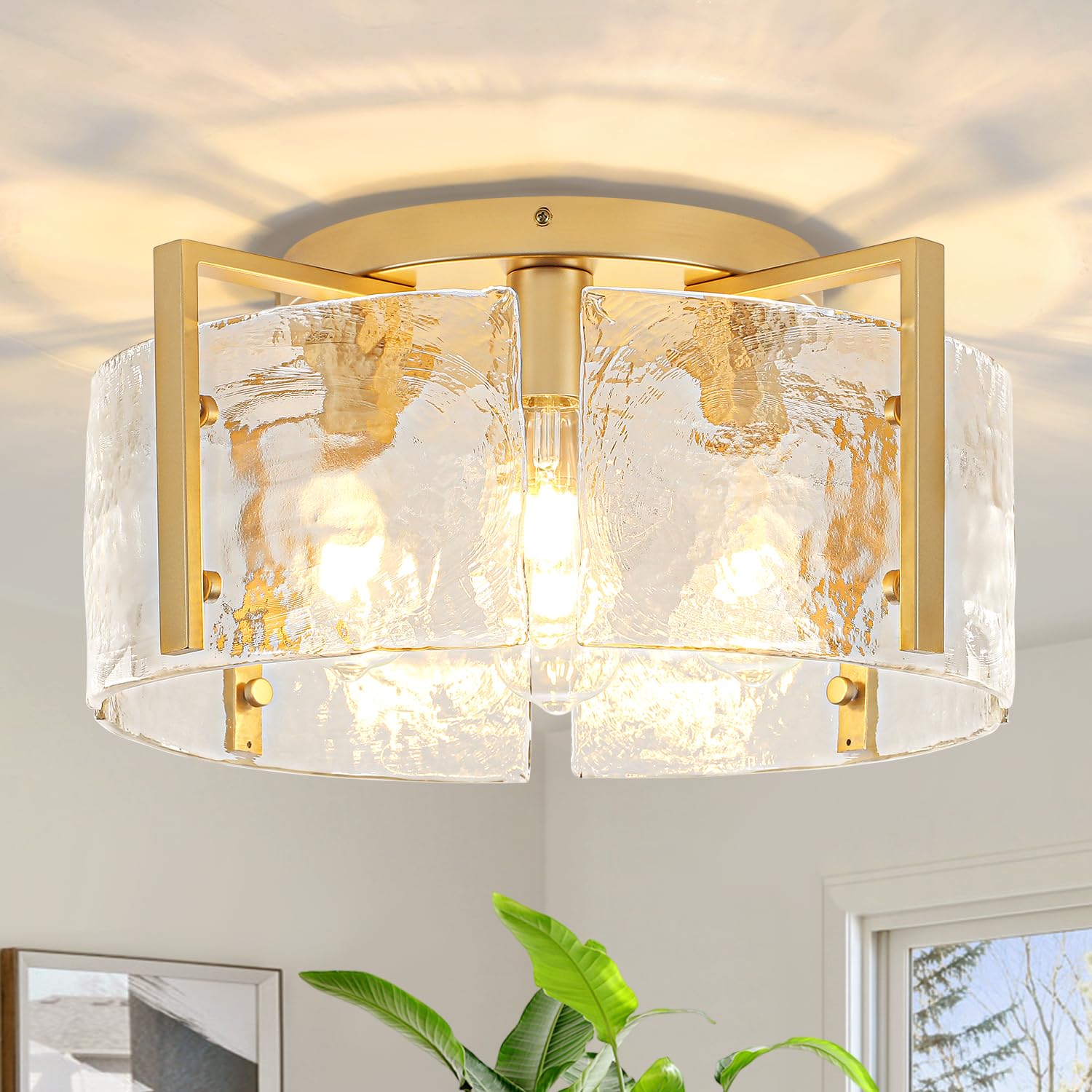 18.5 Modern Gold Semi Flush Mount Ceiling Light  4-Light Glass Drum Light Fixtures  Ceiling Lights for Hallway Foyer Entryway Bedroom Kitchen Dining Room Living Room Lighting Fixture  UL-Listed