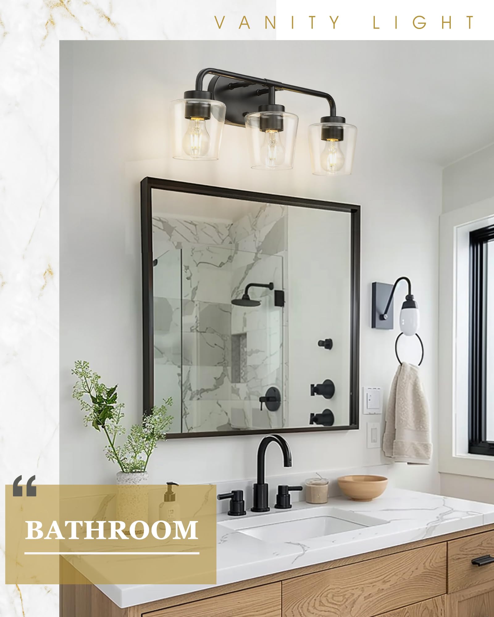 Audickic 3-Light Matte Black Bathroom Vanity Light Fixtures with Clear Glass, Model AD-22004-3W-BK-C