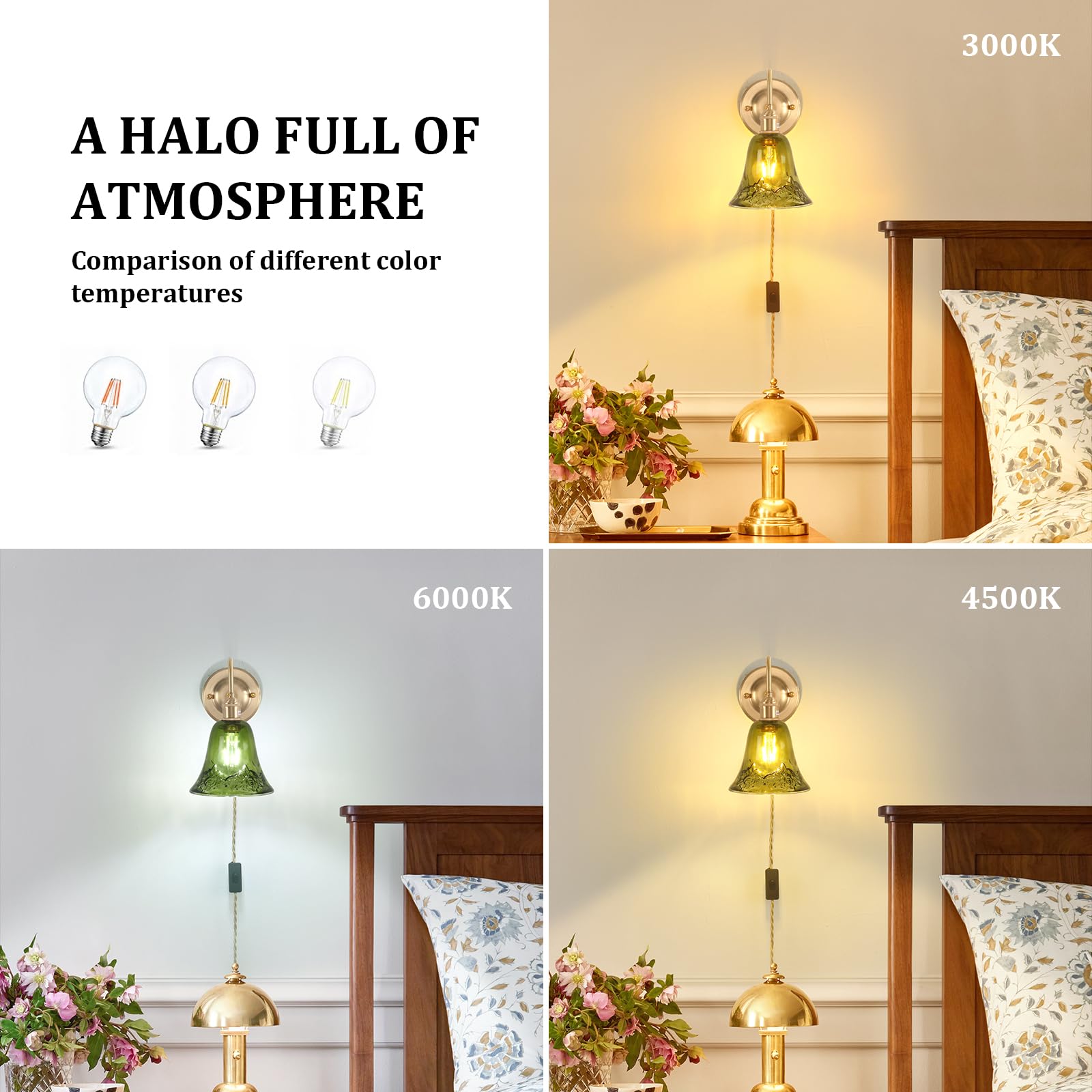 Shenmoyl Wall Sconce Set of 2, Vintage Brass Indoor Lamp, Green Morning Glory Glass Shade, 2 Light Plug in, Model 1-93727-wlamp