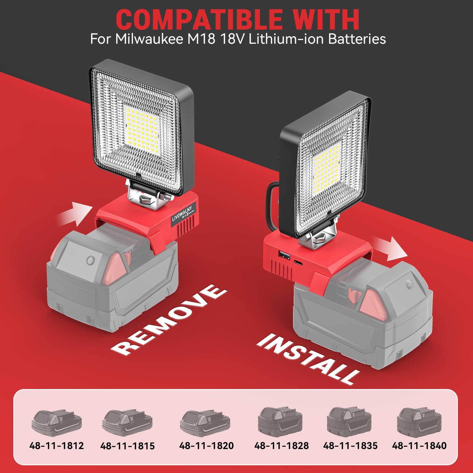 2 Pcs Cordless Led Work Light For Milwaukee 18V Battery, 60W 6000Lm Battery Light For Milwaukee 18V Tools, Portable Flood Light