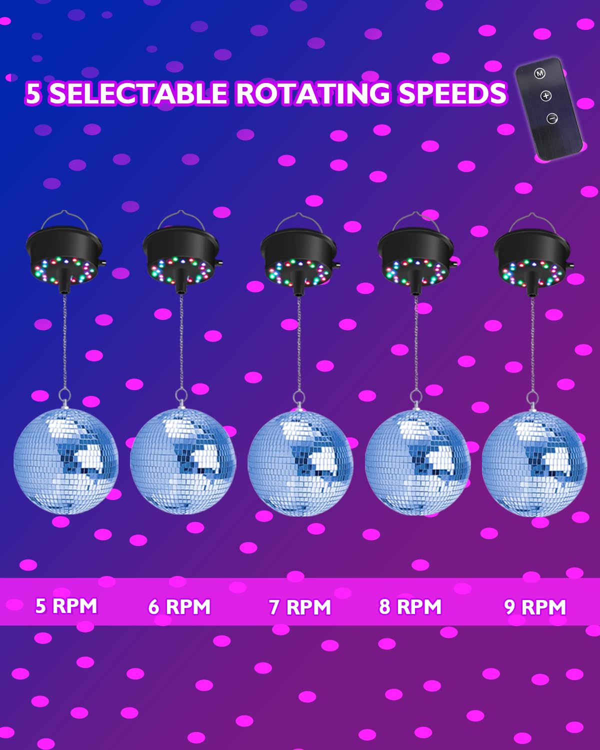 Palujorty Disco Ball Motor with Remote, 5-9 RPM, 24 LED Lights, USB/Battery Powered, Multicolor for 4in-12in Balls