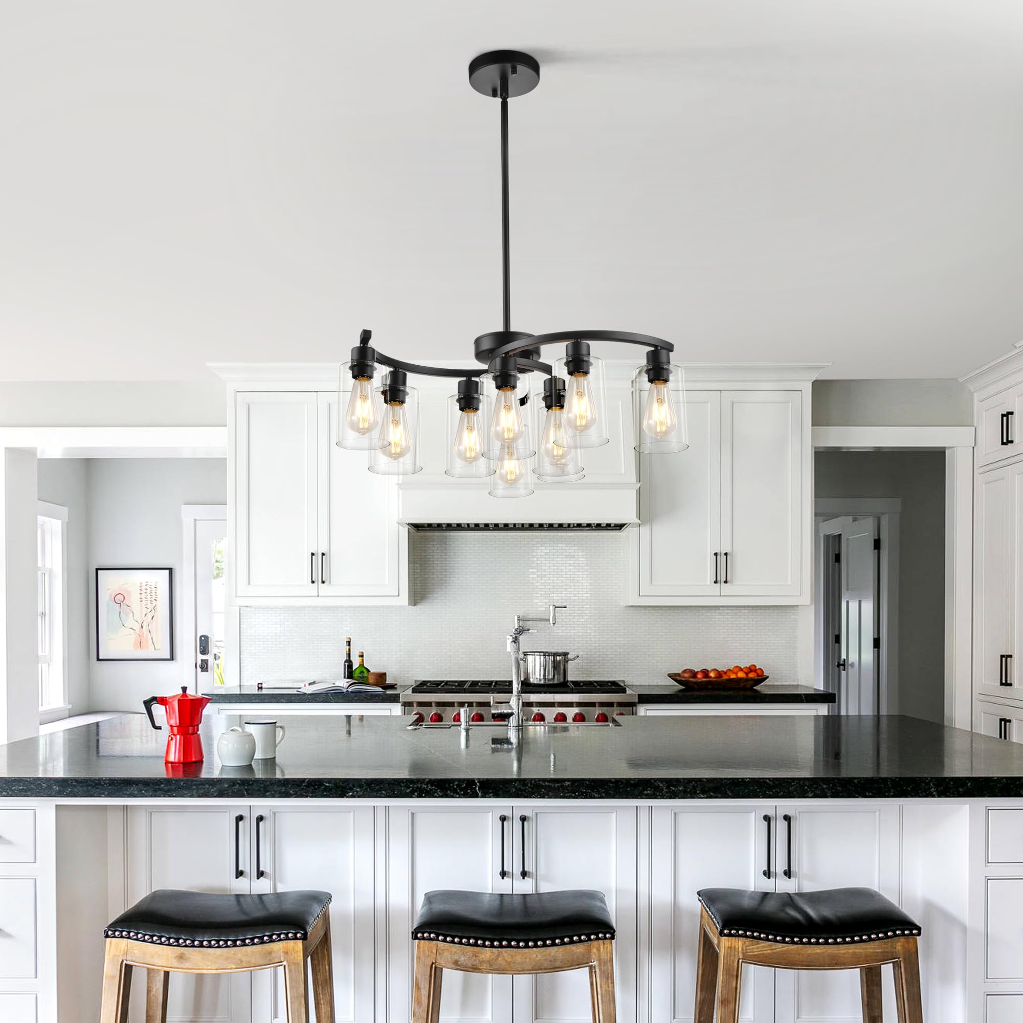 Sigaitwei 9-Light Black Farmhouse Chandelier, 29.5" Metal Pendant Light Fixture with Clear Glass Shades
