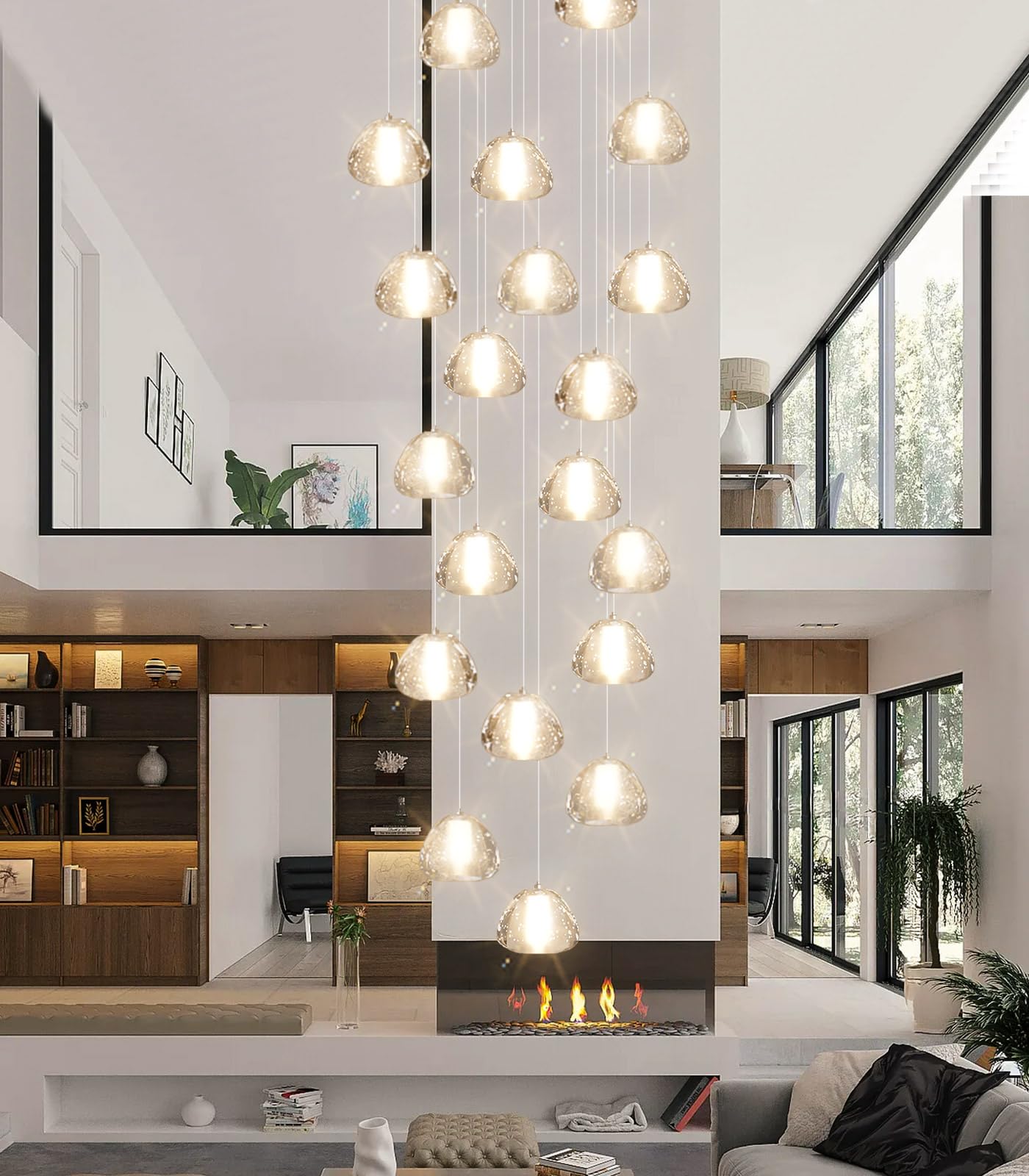 dolria 20-Light Modern Chandelier, Crystal Pendant Light Fixture, Silver, Model PC0010, Ideal for High Ceilings, Stairwell, Living Room