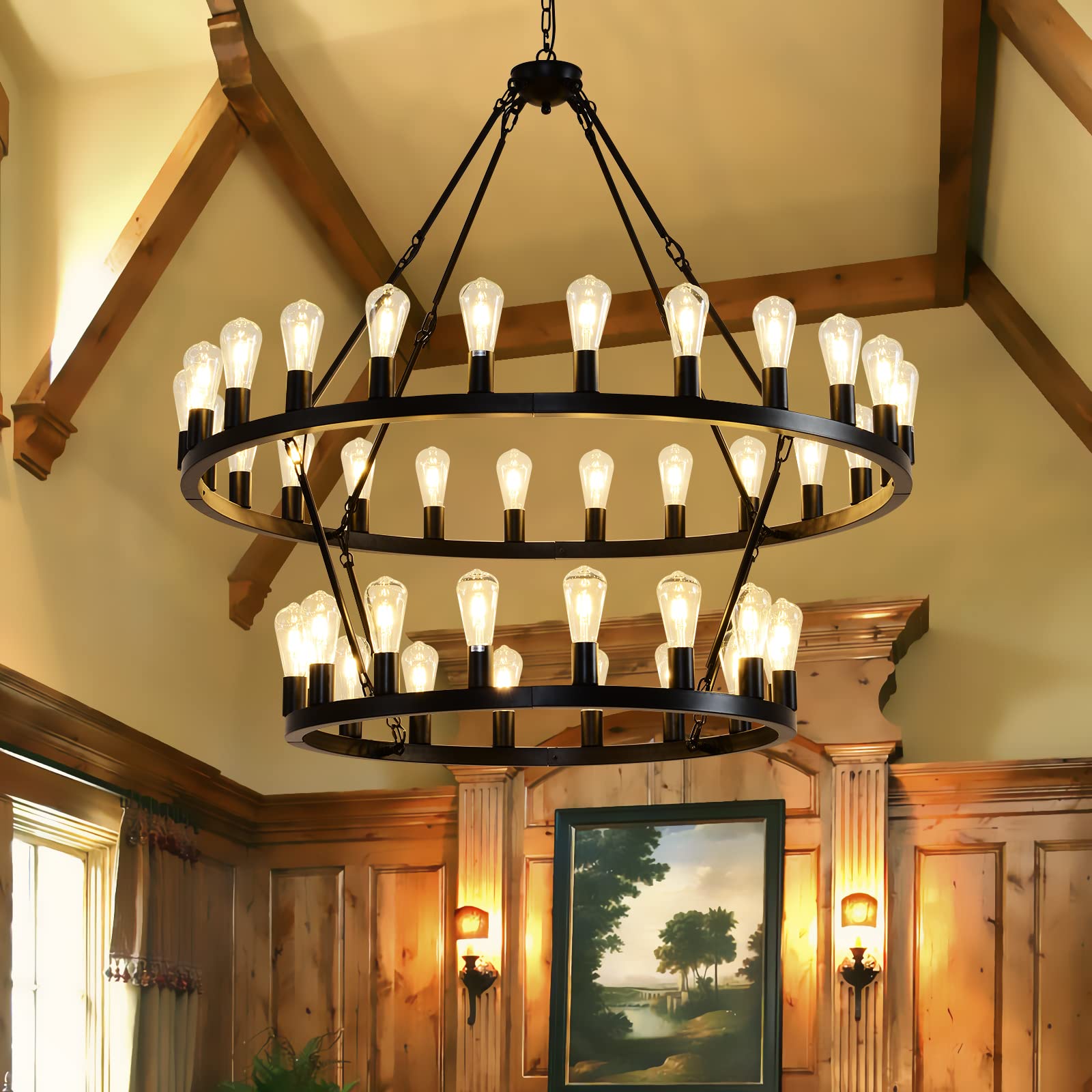 Viksroeo 48&quot; Black 40-Light 2-Tier Wagon Wheel Chandelier For Dining & Living Room