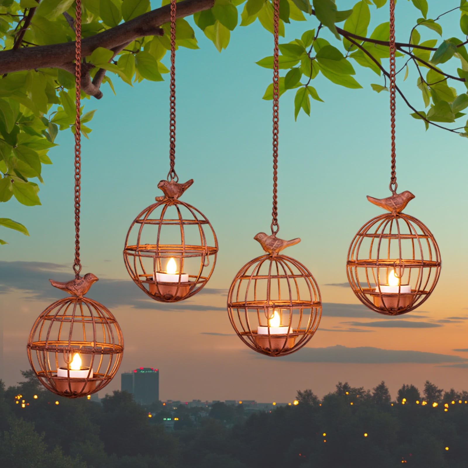 Outdoor Solar Hanging Lantern Lights, 4 Pack Rustic Ball Birdcage Hanging Candle Holder with Solar Tea Lights, Outdoor Waterproo