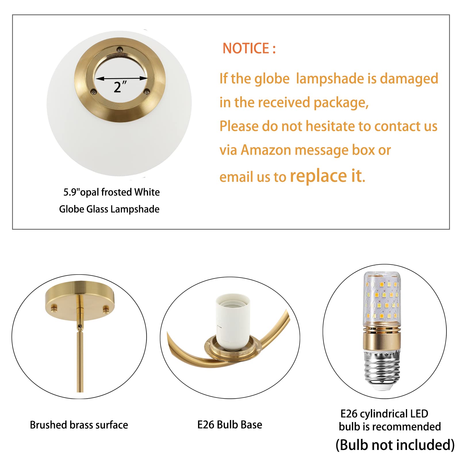 BYOLIIMA Modern Gold Globe Pendant Light, 1-Light Brushed Brass Chandelier with White Glass Shade for Kitchen Island & Dining Room