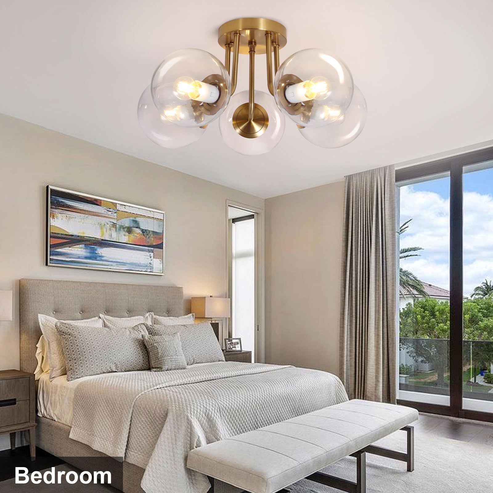 Bektas 5-Lights Semi Flush Mount Ceiling Light Fixture Brushed Gold Light Fixture Bend Modeling With Transparent Glass Shade For Bedroom,Living Room,Dinning Room Foyer Hallway