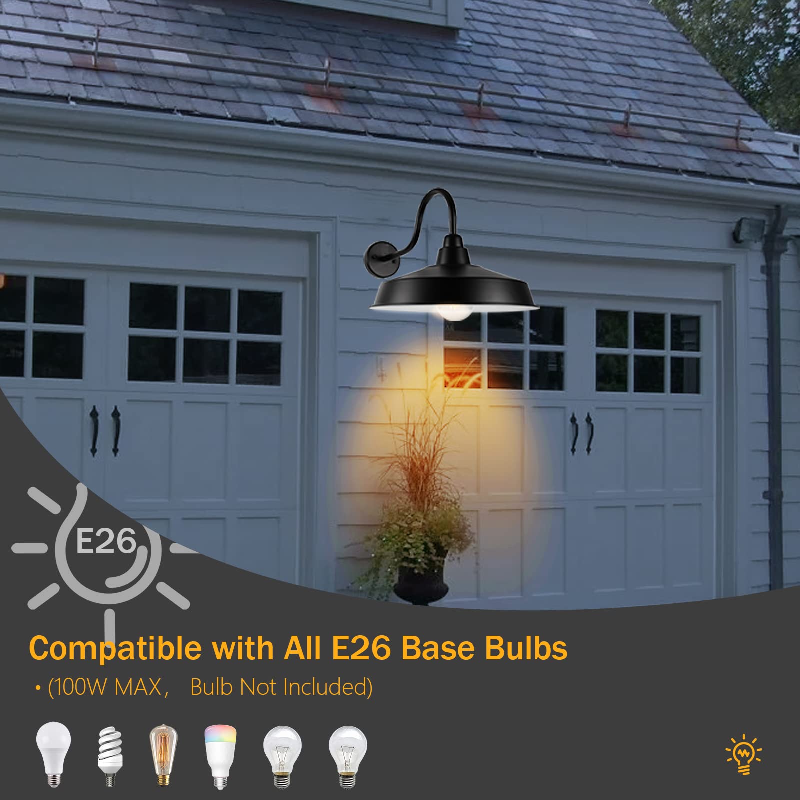 Diyel Gooseneck Barn Light Outdoor, 16 Inch Dome Large Farmhouse Exterior Light Fixture Wall Mount, Industrial Outdoor Wall Sconce Outside For House, Shop, Front Porch, Garage, Entryway, Black, 2 Pack
