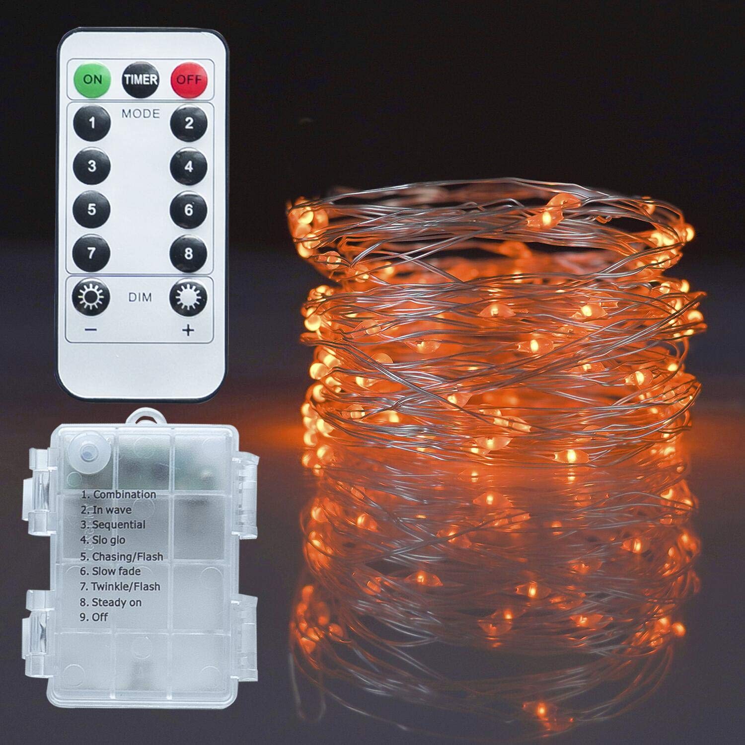 Twinkle Star Fairy Lights  33ft 100 LED Battery Operated Waterproof String Lights with Remote  Timer & 8 Lighting Modes Indoor Outdoor Wedding Party Decorations  Orange  1 Pack