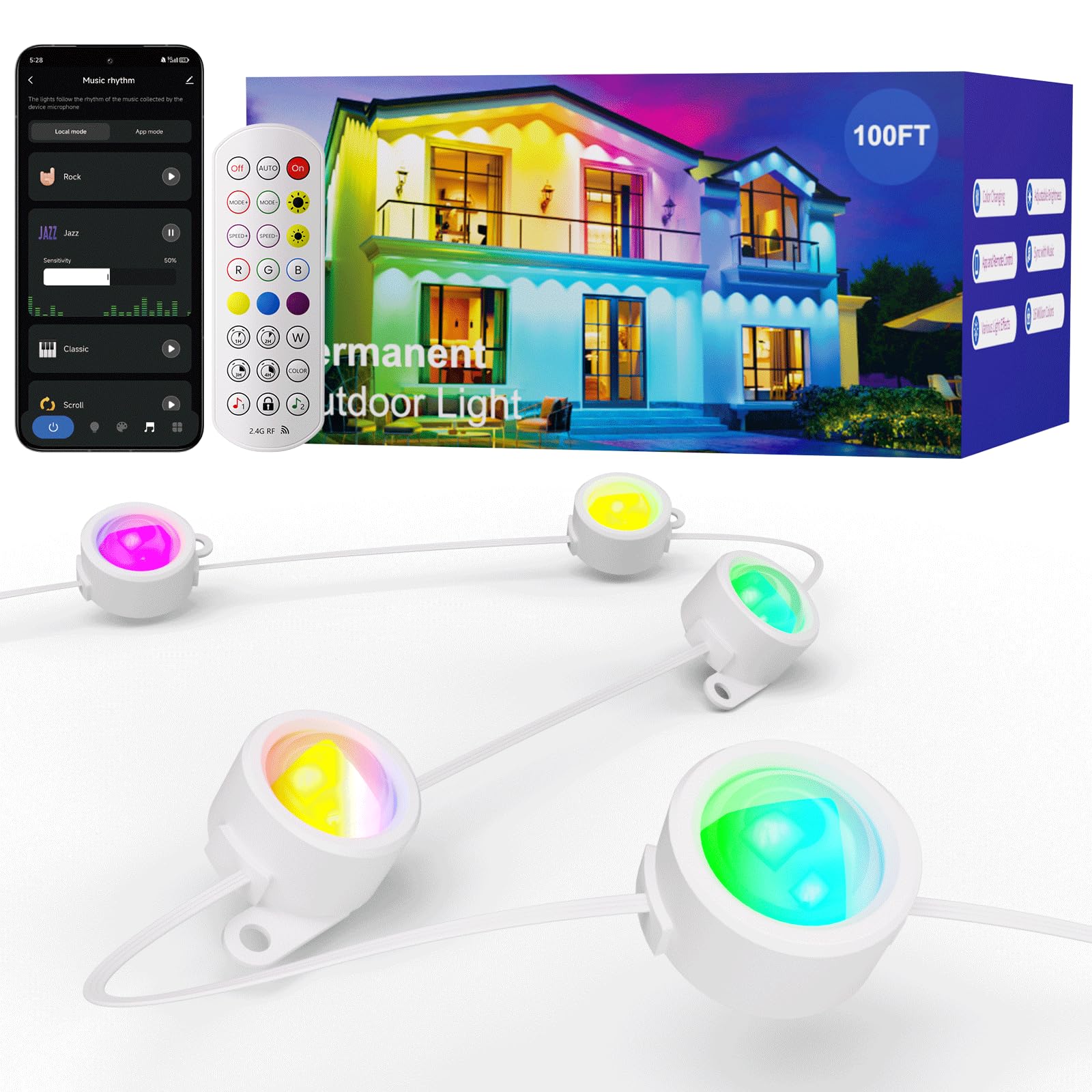 HUTAKUZE Permanent Outdoor Lights, 100FT with 60 RGB LEDs for Outdoor Decor, IP67 Waterproof, 48 Scene Modes Christmas House Lig