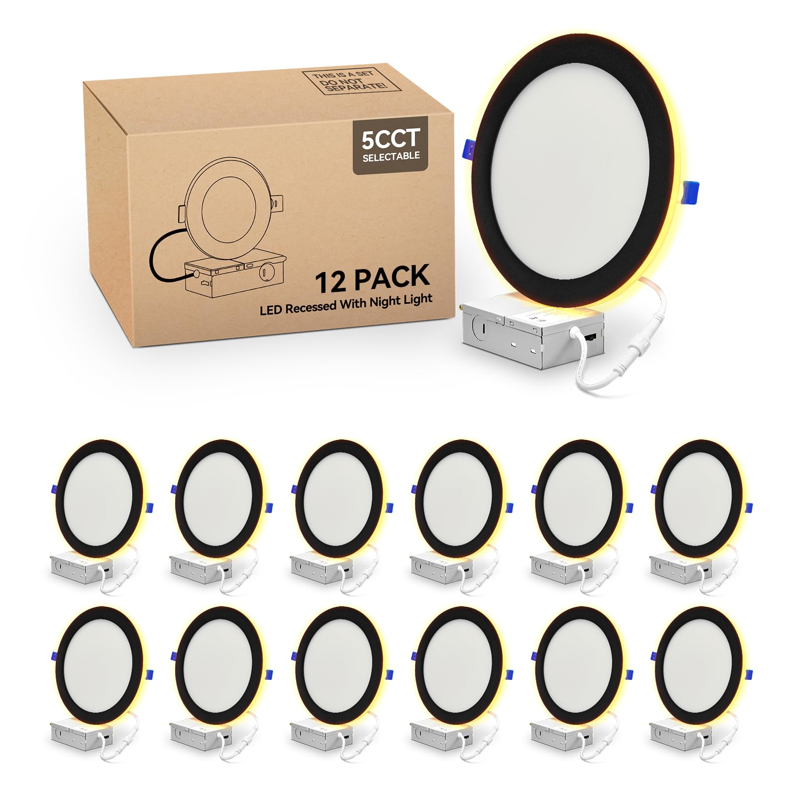 Comiled 12 Pack Black 8 Inch 5CCT LED Recessed Ceiling Light with Night Light, Dimmable Canless Wafer Downlight, 2700K/3000K/350