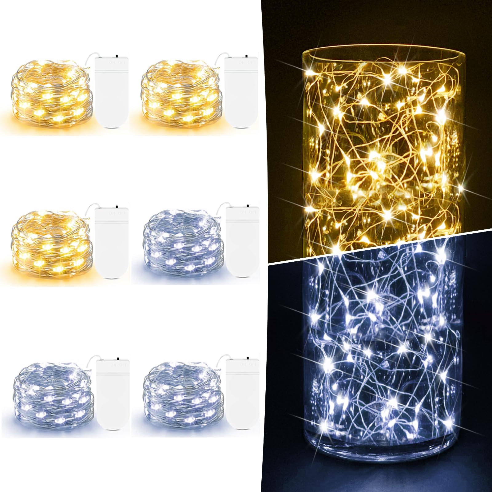 AOZOPE 6 Pack Battery Operated Fairy Lights, 20 LED Mini Twinkle Lights, 7ft Silver Wire, Warm White & Cool White, Model NKDCH 006
