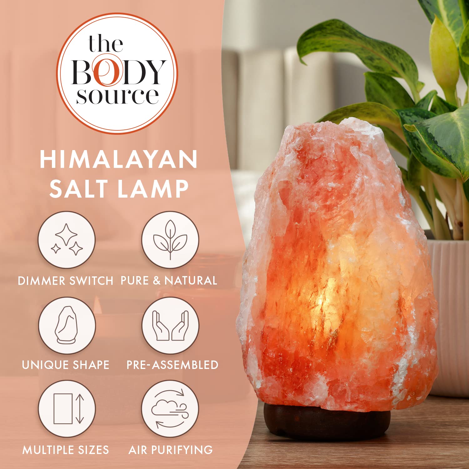The Body Source Himalayan Salt Lamp 10-12 Inch, Orange, Wood Base, Includes Dimmer Switch & Night Light, Model SL-03-US