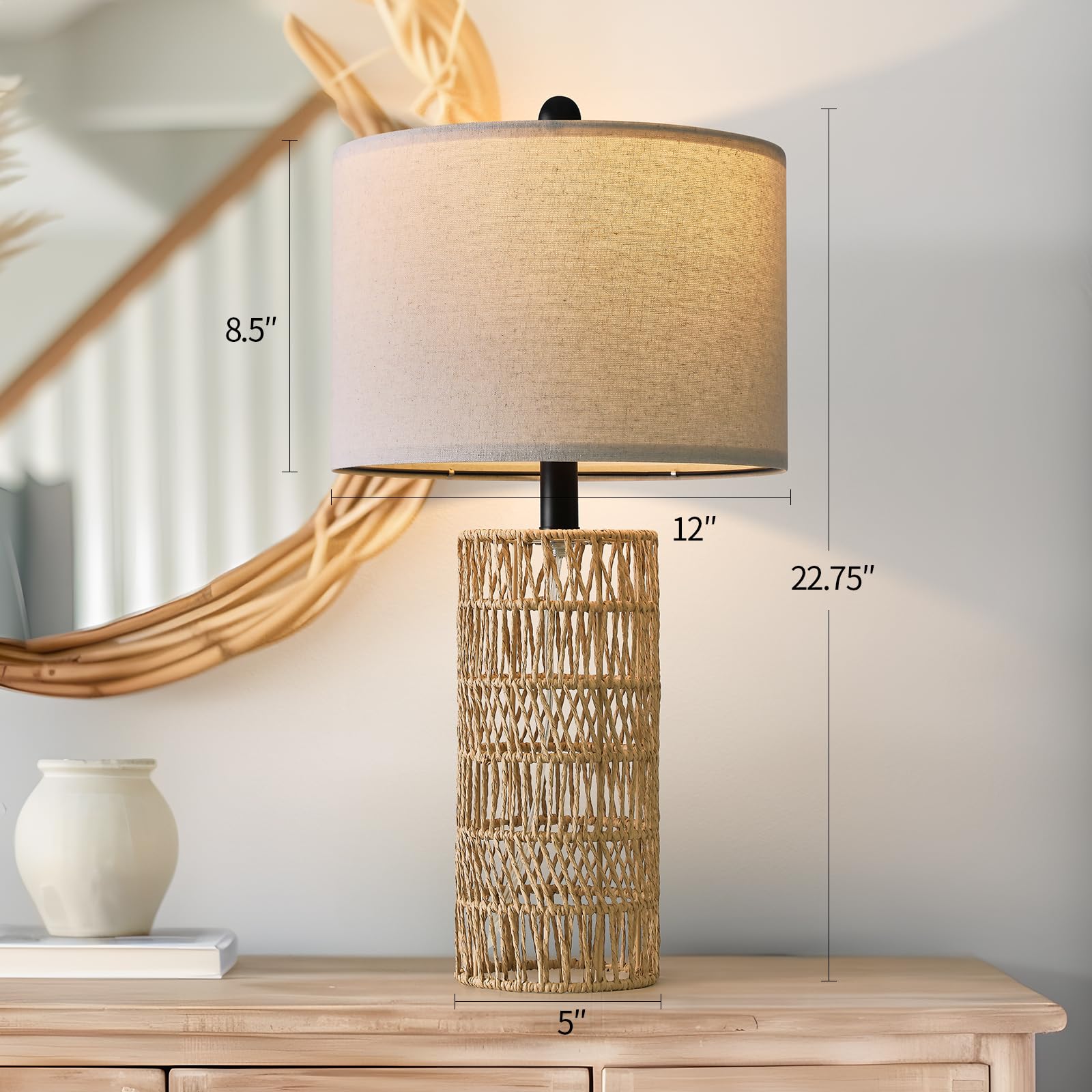 OYEARS Boho Table Lamps Set of 2, 22.5" Rattan Design, Brown, Ideal for Living Room and Bedroom Decor, Model AMZ-T121