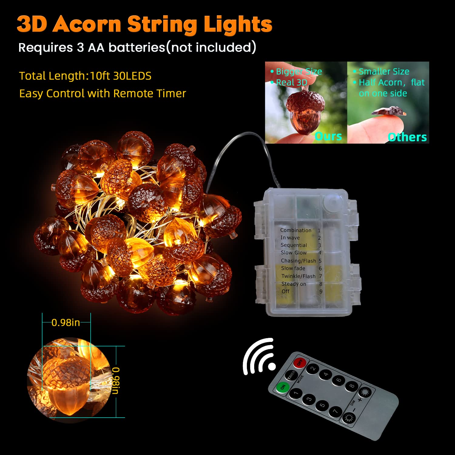 Jashika 3D Twinkle Acorn Fall Decorations Harvest String Lights 10Ft Copper Wire 30 Leds Battery Powered With Timer Remote Control For Wedding Bedroom Fireplace Mantel Ice Age Ornaments Home Decor