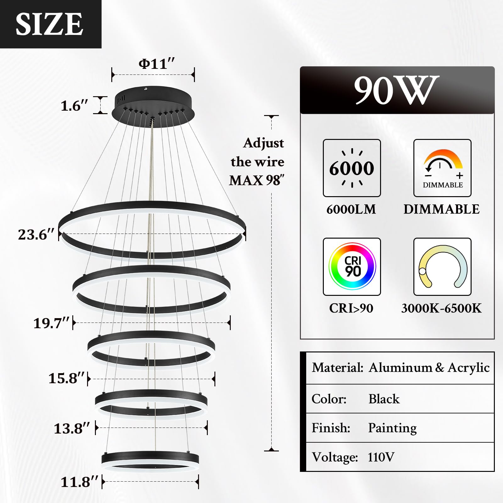 Sparklelf Modern LED Chandelier, Dimmable Black 5-Rings 23.6in, Remote Control, Model SE-P60S-5BDC1, for Foyer, Dining Room