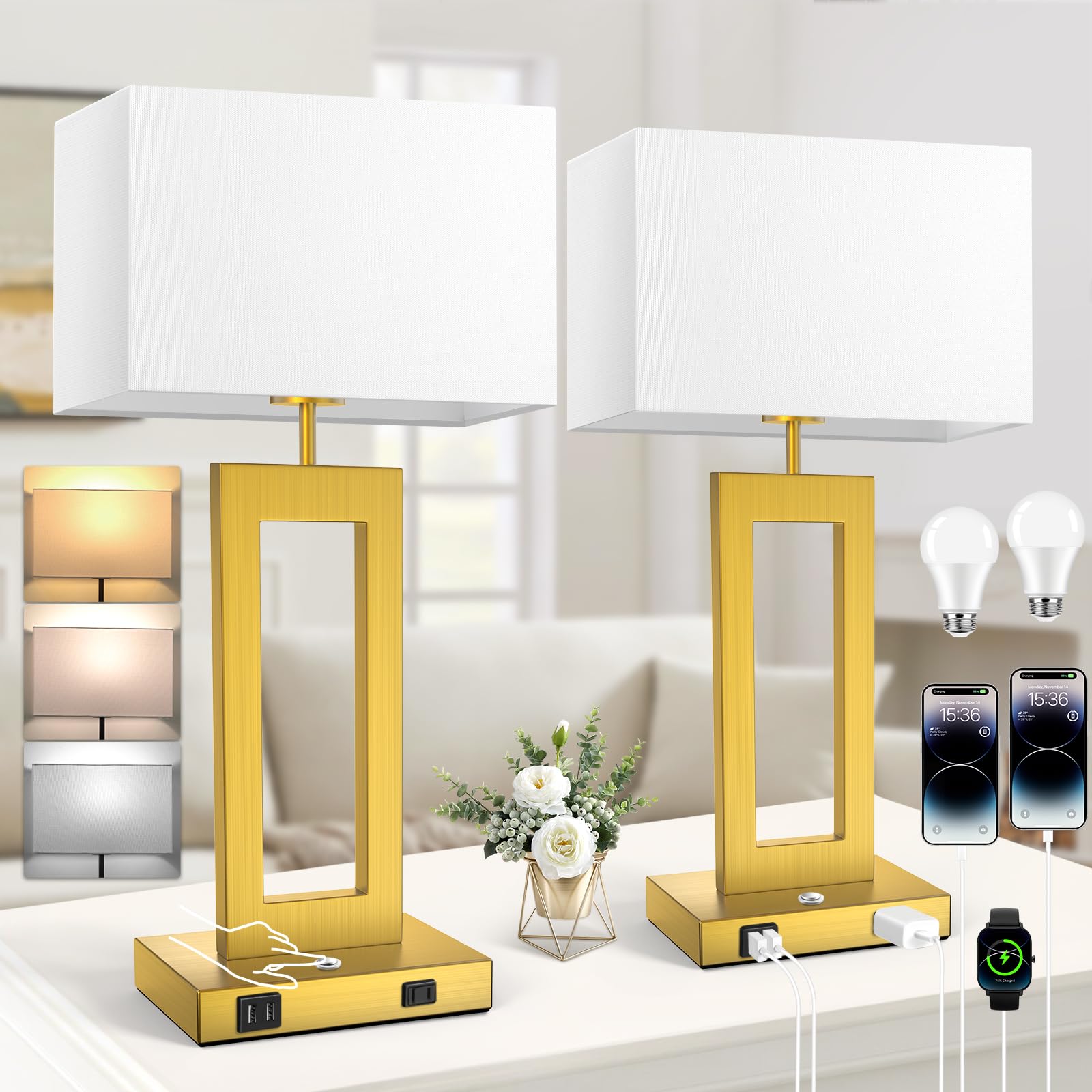 22 Touch Control Table Lamps Set of 2, 3 Color Temperatures Bedroom Bedside Lamps, Modern Gold Dimmable Lamps with USB Ports & A