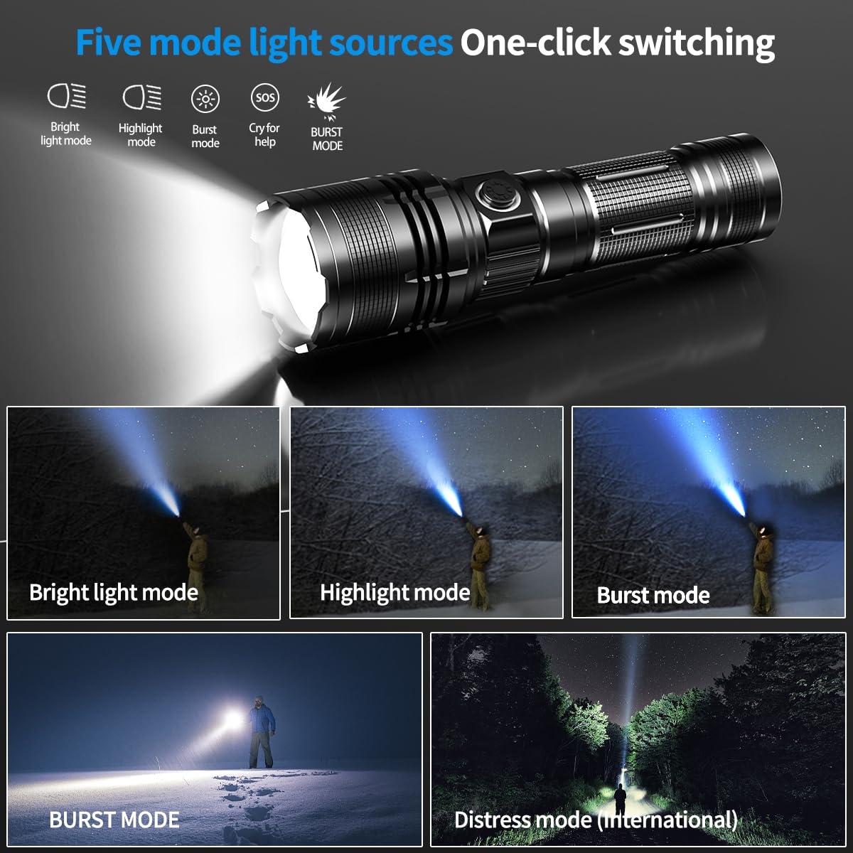E-SHIDAI Rechargeable Flashlight, 2000 High Lumens, USB C, 2 Pack, Aluminum, Black2, Model E-SHIDAI-AFSDT