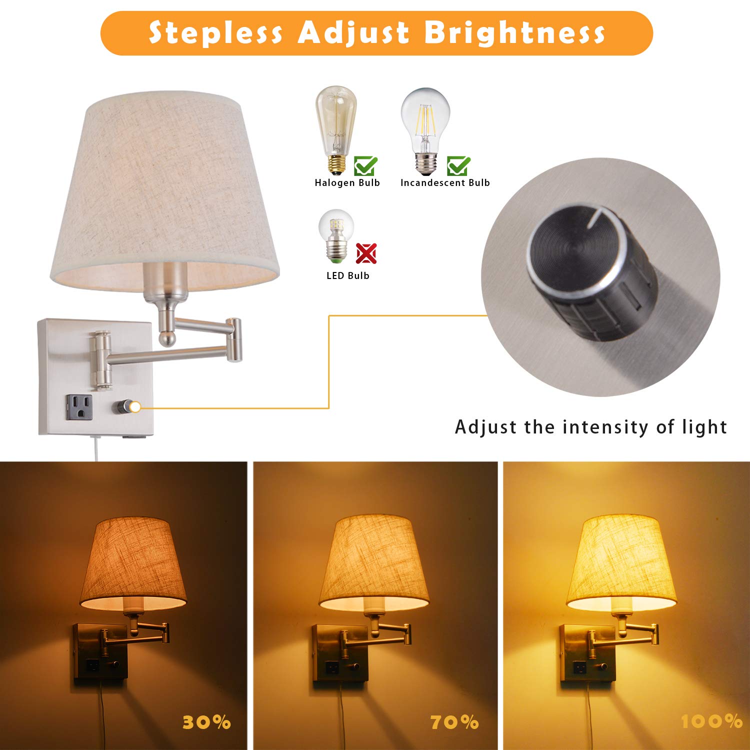 Affsure Bedside Wall Mount Light, Dimmable with USB Port, Satin Nickel, Swing Arm Fabric Shade, Model 5