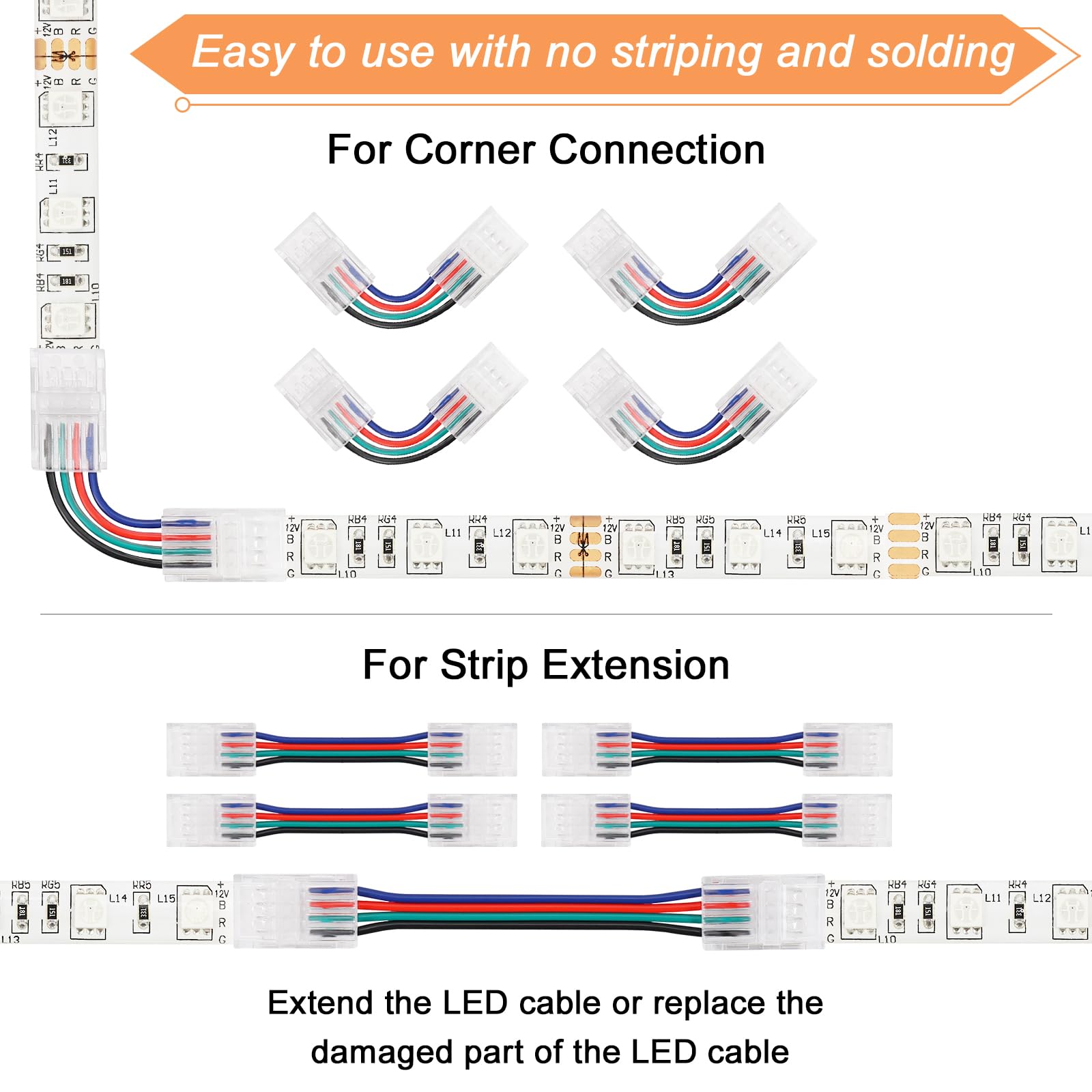 Precihw 20 Pack 4 Pin Led Strip Light Connectors 10 Mm, Solderless Transparent Track Lighting Connectors Led Pin Connector For 5050 Waterproof Rgb