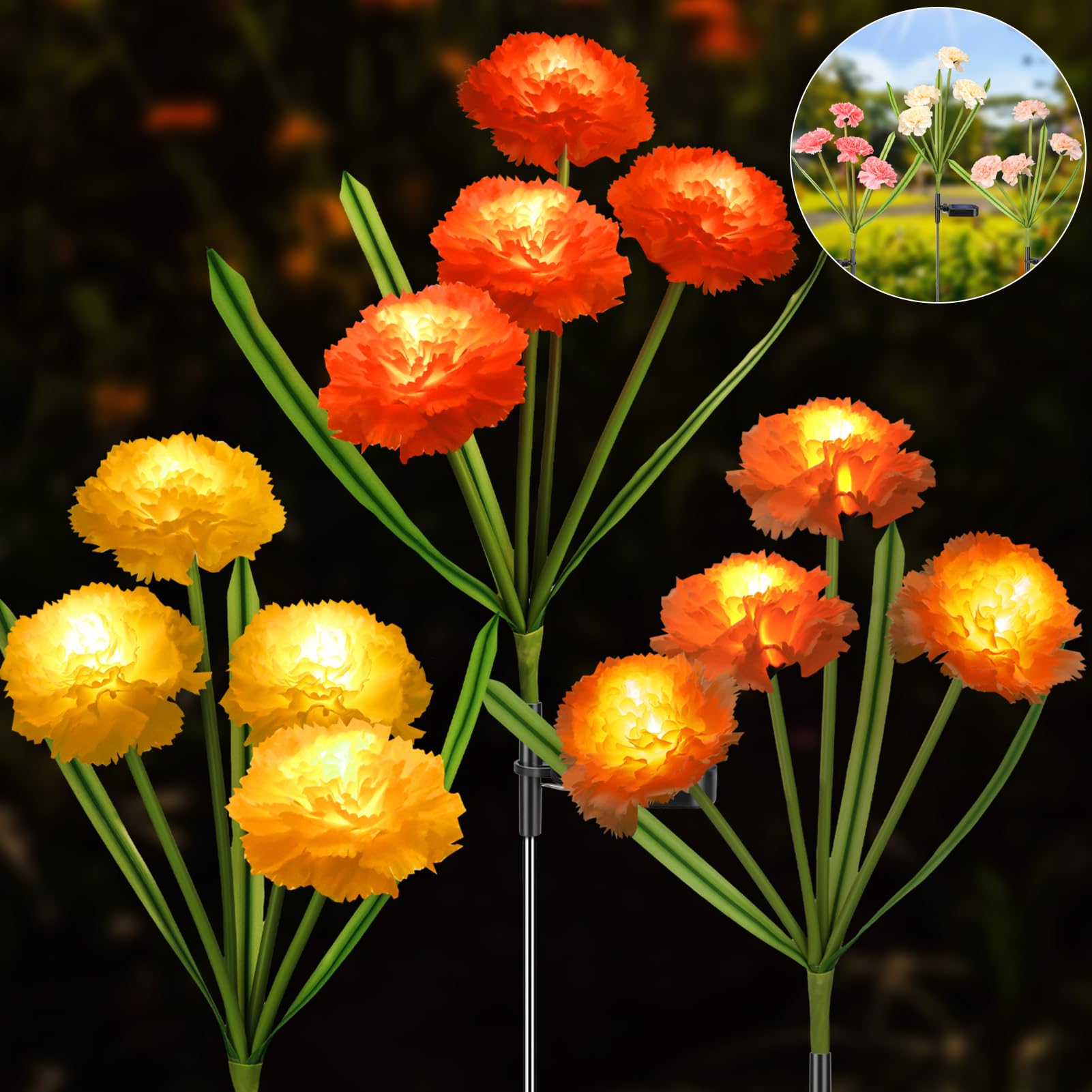 ReyeeInc Solar Flowers Outdoor Waterproof, Solar Carnation Stake Lights Outside with 12 Real Looking Flowers for Yard Decoration