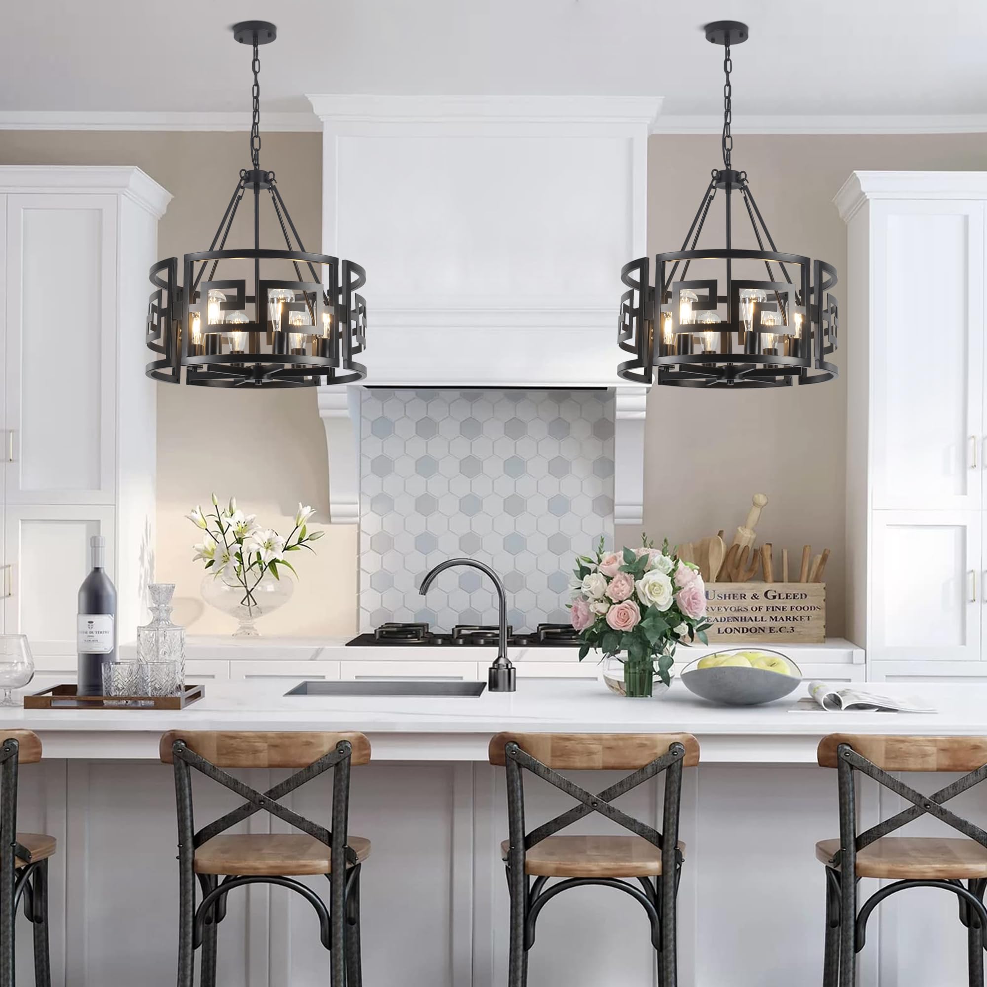 21.6'' Black Round Drum Chandeliers Dining Room Light Fixtures 6-Light Farmhouse Rustic Industrial Pendant Light Kitchen Island