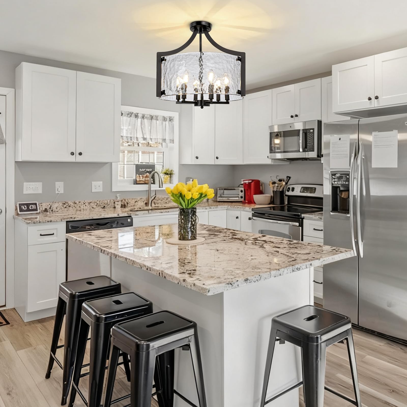 Wbindx 6-Light Glass Chandelier For Dining Room  19.3 Modern Black Foyer Chandelier Convertible Semi Flush Mount Ceiling Light  Farmhouse Pendant Lighting For Entryway Foyer Bedroom Kitchen