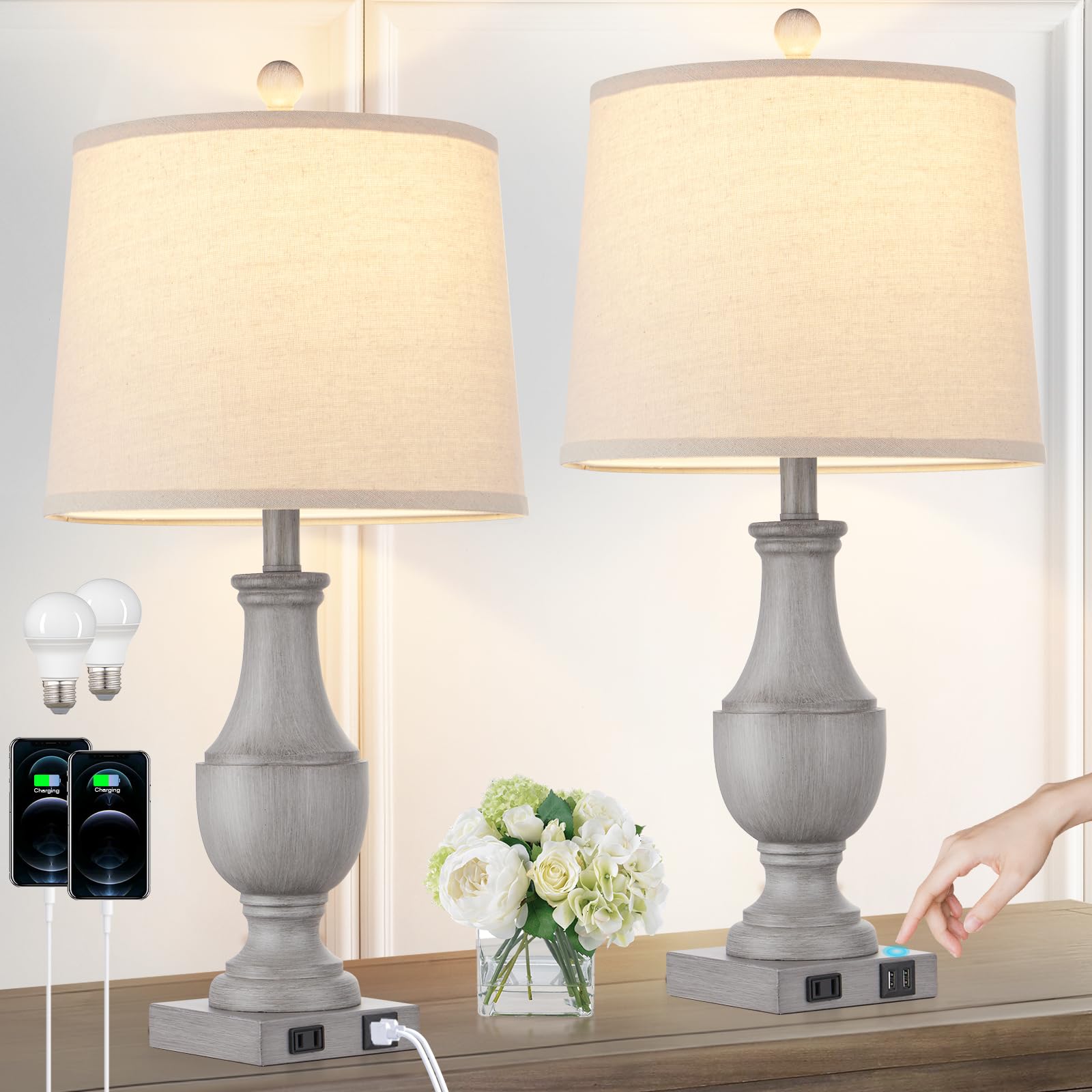 Farmhouse Table Lamps Set of 2, Rustic 25'' Touch Control Bedside Lamps with 2 USB Ports & AC Outlet, Vintage 3-Way Dimmable Nig