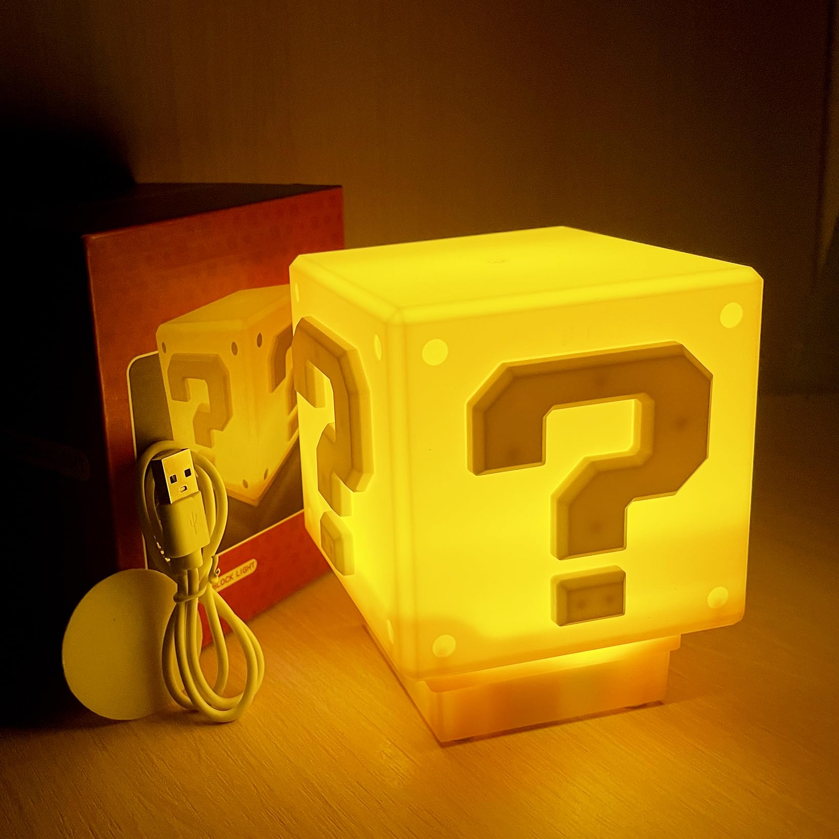 hopanrel Super Bros Question Block Lamp,Square LED Night Light with USB Cable,Table Lamp with Play Game Coin Sound Effect,Bedsid