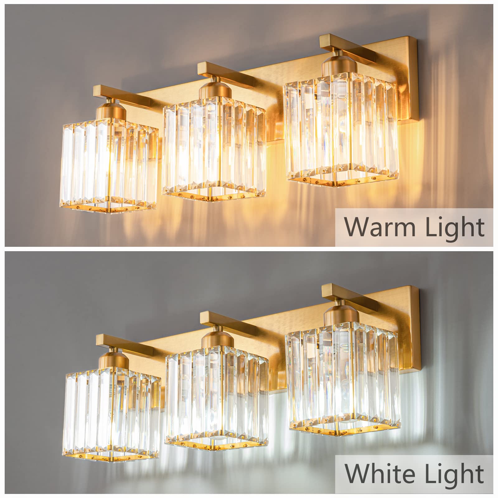 Fdpby Modern 3-Light Gold Brushed Brass Finish Crystal Wall Light For Bathroom Vanity