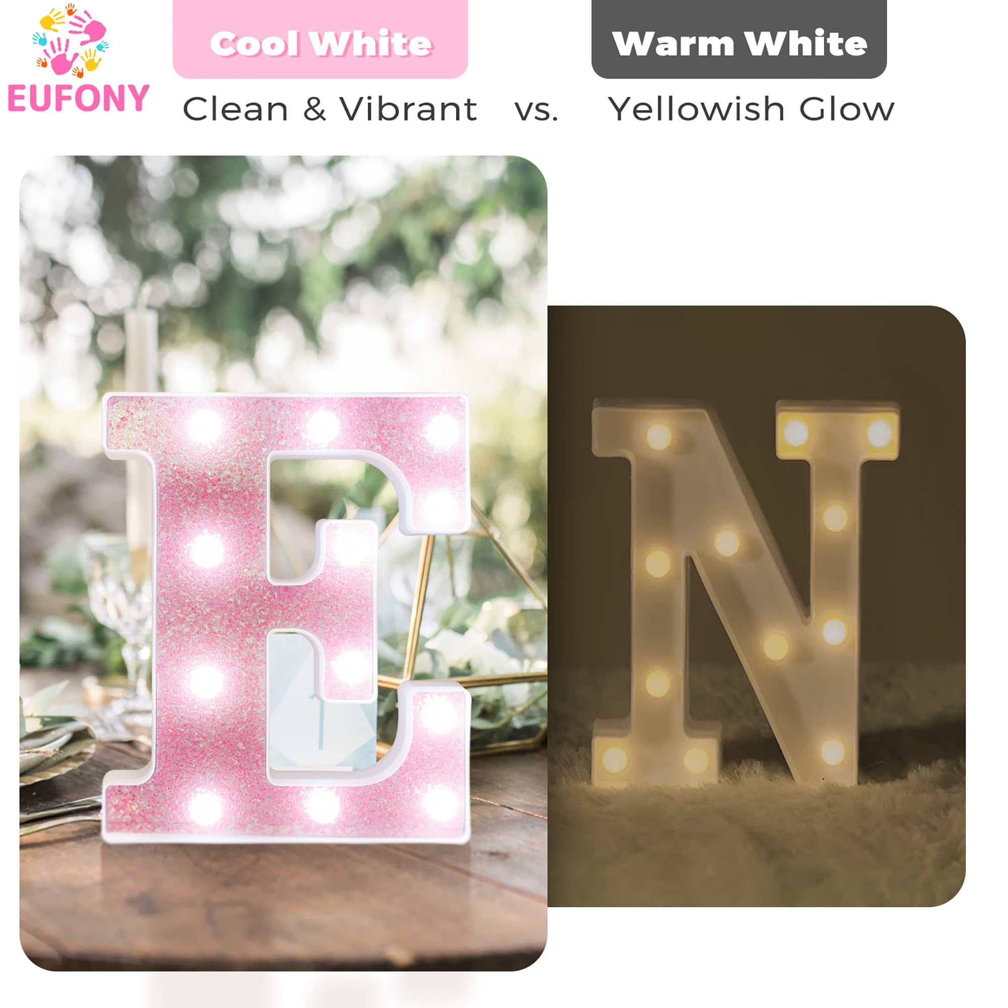 eufony LED Marquee Light Letter U, Glitter Pink, Battery-Powered, Cool White Lights, Wall & Table Decor
