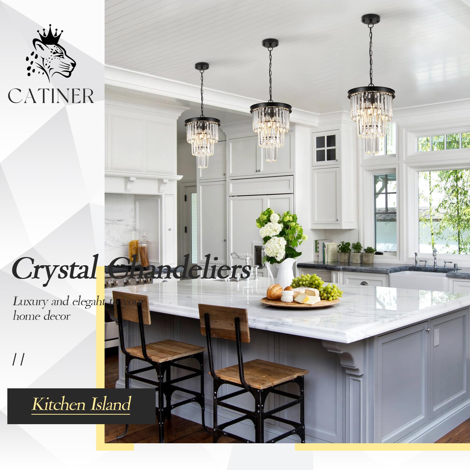 Catiner Black Crystal Pendant Light For Kitchen Island,Mini Crystal Chandeliers Modern For Dining Room,3 Tiers K9 Ceiling Pendan