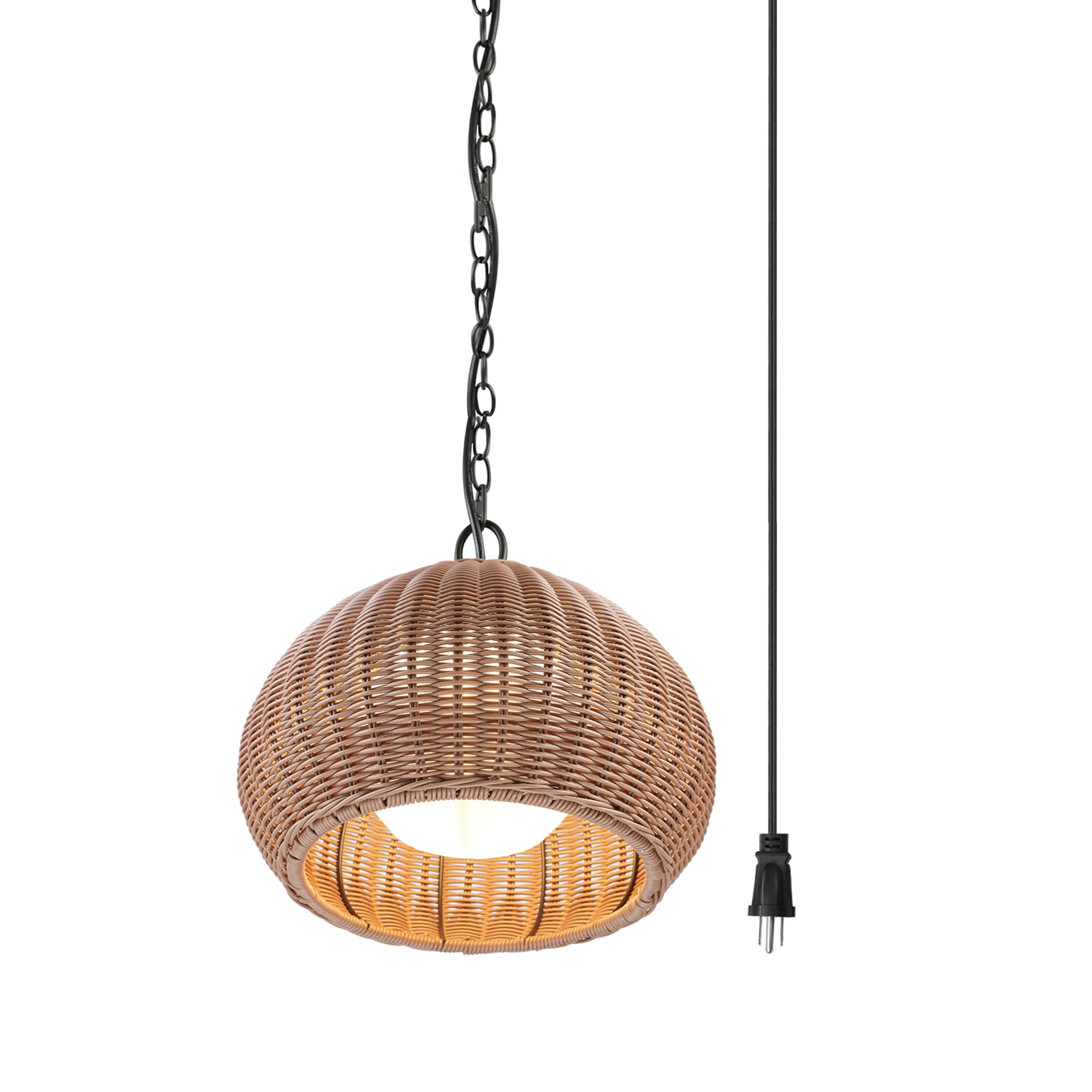 Globe Electric x Novogratz 44761 1-Light Outdoor Plug-in Pendant Lighting, Plastic Rattan Shade, Frosted Inner Layer, Bronze Han