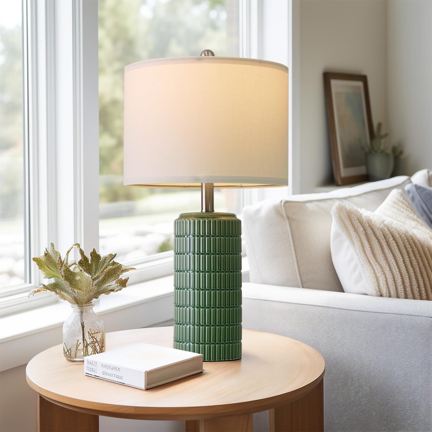 PoKat 23" Dark Green Ceramic Table Lamps Set of 2 - Modern Farmhouse Nightstand Decor, Medium Size, AMZ-T1102GN