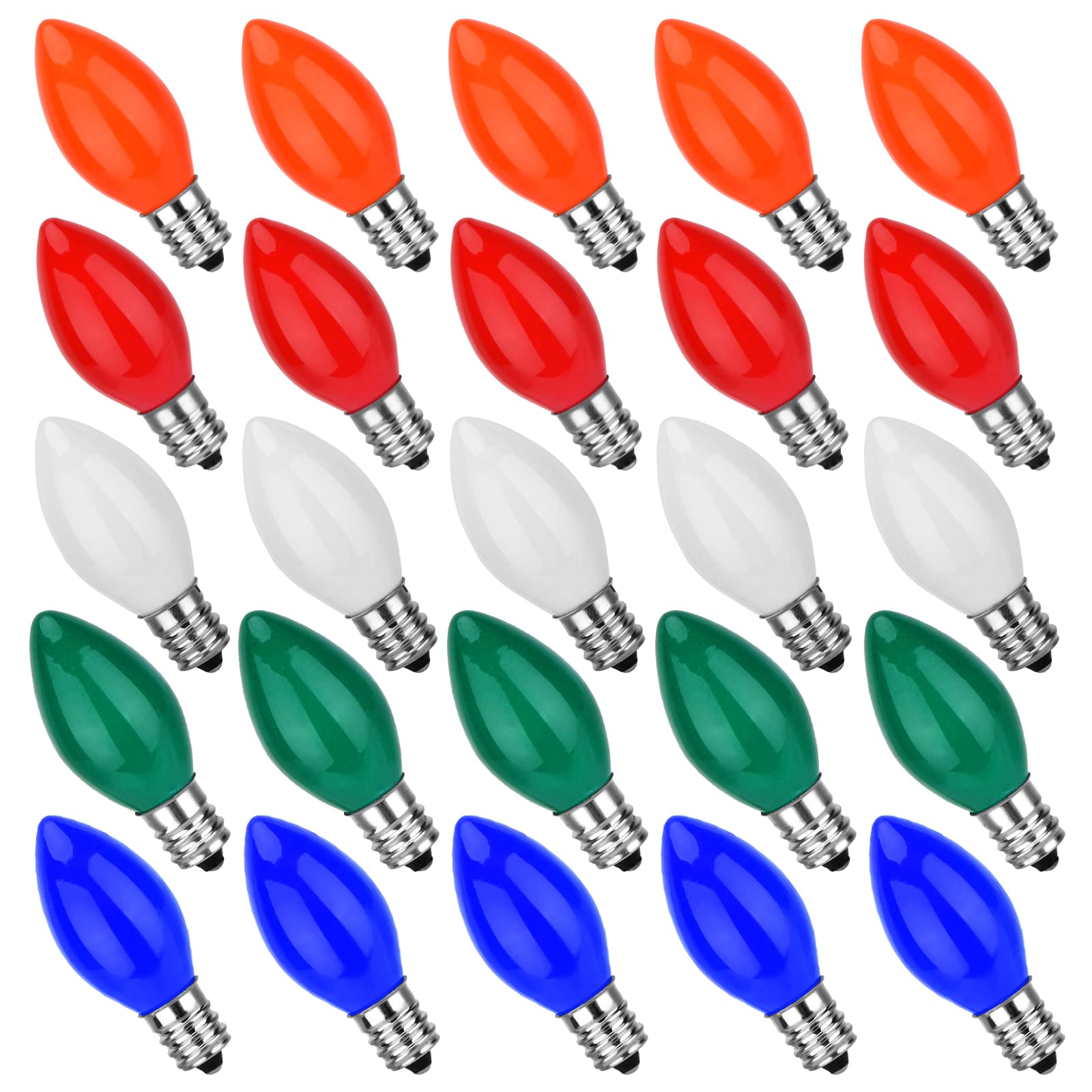 Agaphoton 25 Pack C7 Ceramic Christmas Replacement Bulbs, Multi-Color Bulbs For E12 Candelabra Base Outdoor/Indoor Light String,