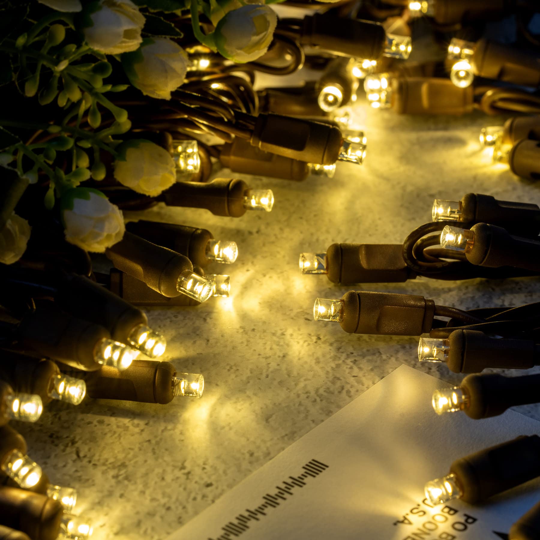 YULETIME 48ft Warm White LED Christmas Lights, 140 Count, Waterproof, Brown Wire, Model BDA-L-70E/2F