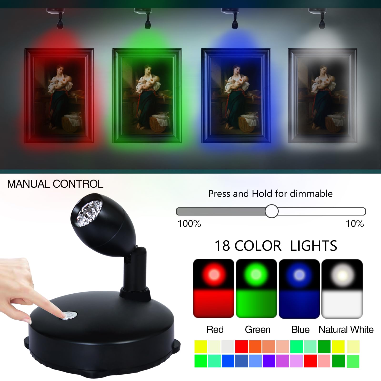 Hamvidne Wireless Led Spotlight, Battery Powered Picture Lights, Uplighting Indoor, Puck Lights With Remote, Color Changing Small Spotlights, Picture Light For Wall Display Dartboard Painting-Rgb