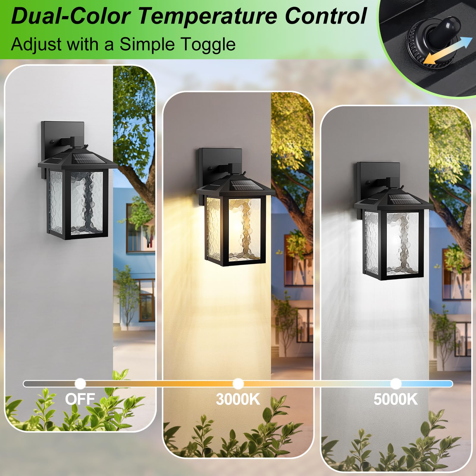 BesLowe Solar Wall Lights Outdoor, Dusk to Dawn LED Sconce, 3000K/5000K Adjustable, Black, 2-Pack, Model YM-3161