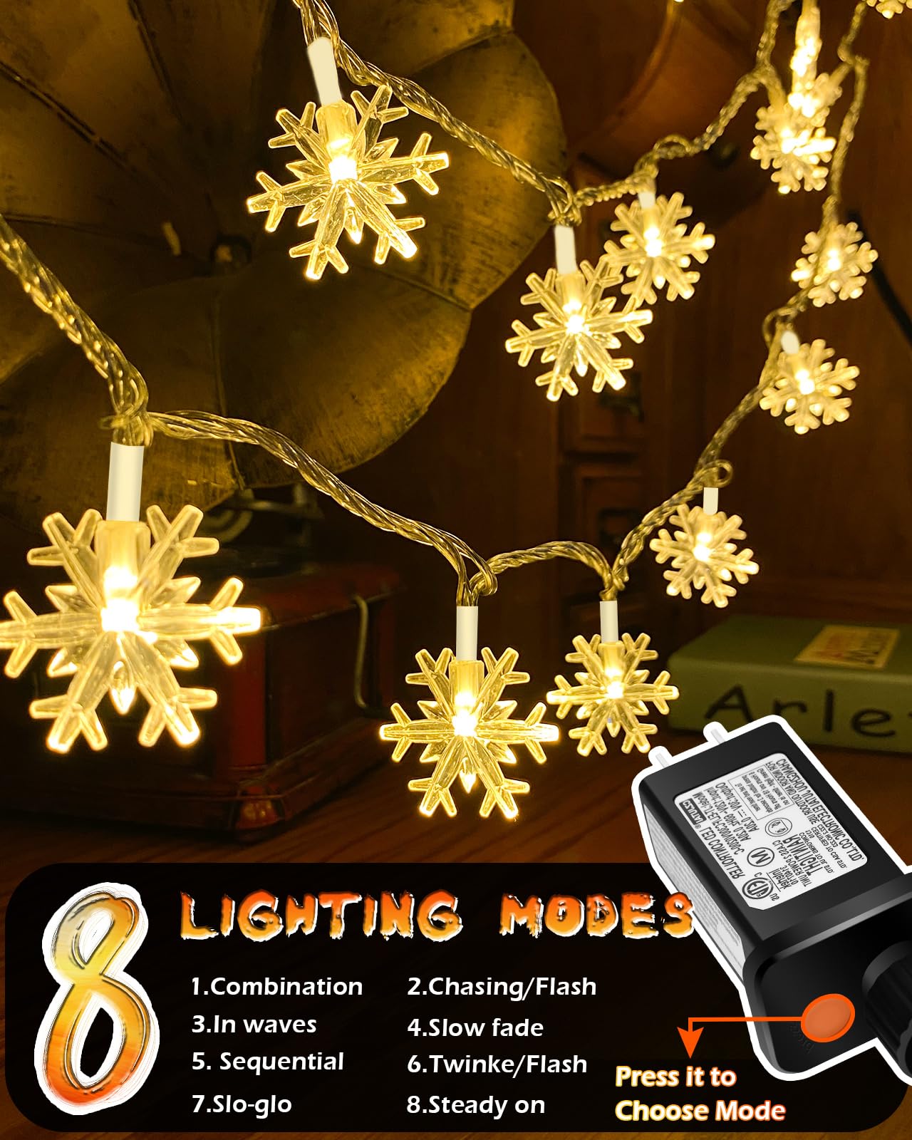 Christmas Snowflake String Lights Outdoor, 100 Led 49Ft Icicle Lights Waterproof With 8 Modes Timer Xmas Decorations, Plug In Fairy Lights For Curtain, Eaves, Window, Tree, Garden, Yard- Warm White