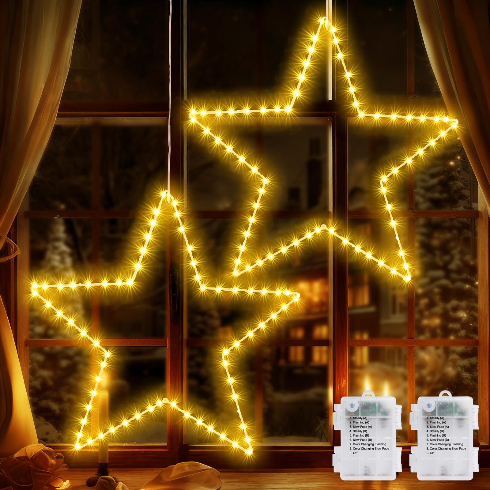 Marchpower Christmas Window Star Silhouette Lights  19Inch 70Led 2 Pack Large Star Lighted Xmas Decoration Battery Operated Twinkle Stars Light Outdoor Timer Lights Wedding Party Home D?Cor-Warm White
