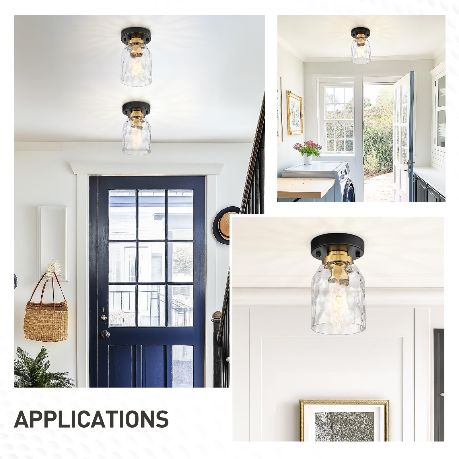 Zeyu Industrial Semi Flush Mount Ceiling Light, Round Hallway Lighting Fixtures Ceiling For Kitchen Entryway, Water Ripple Glass