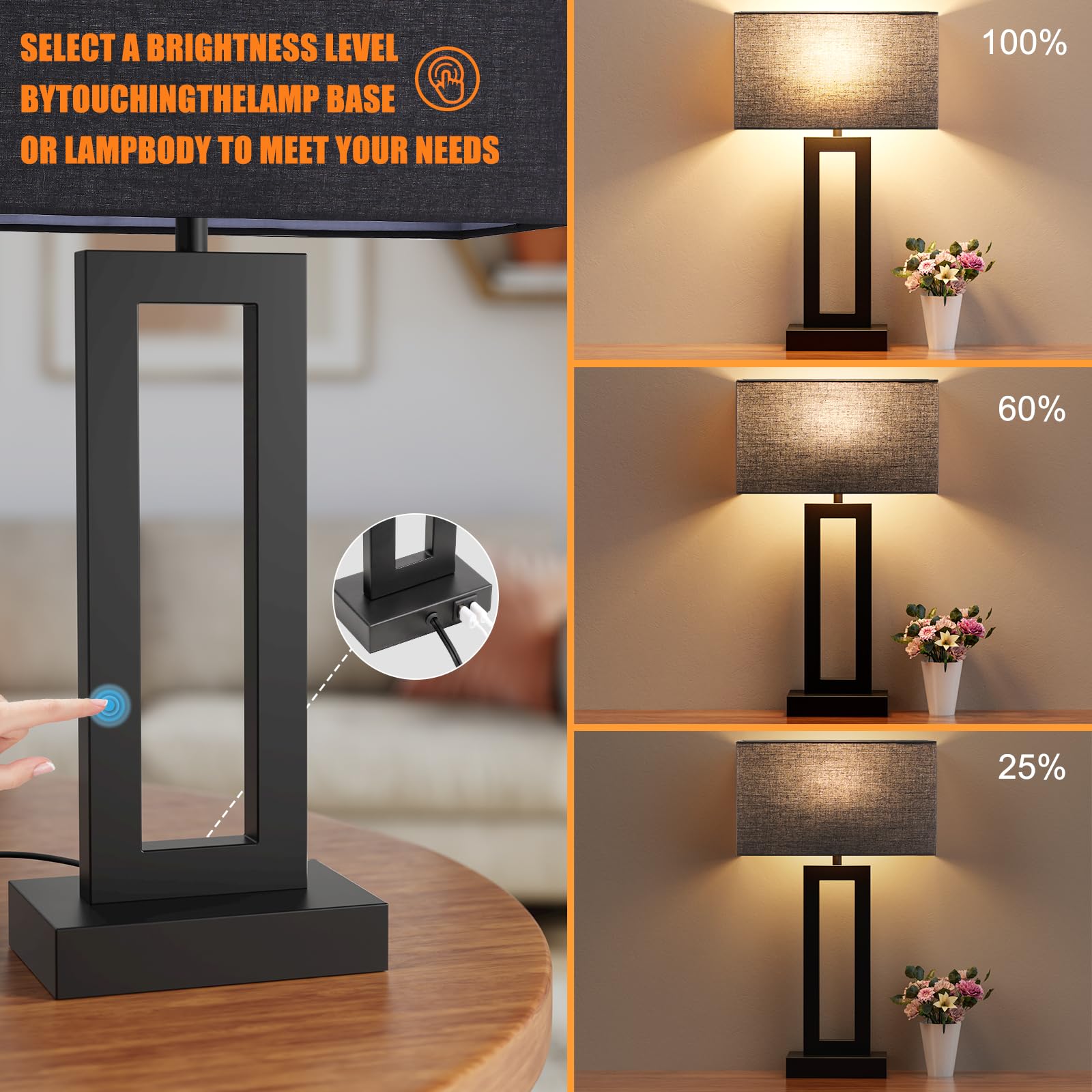 Seealle 22'''' Tall Living Room Lamps For Night Stands - Touch Bedside Lamp With Usb C+A, 3 Way Dimmable Bedroom Lamps For End T