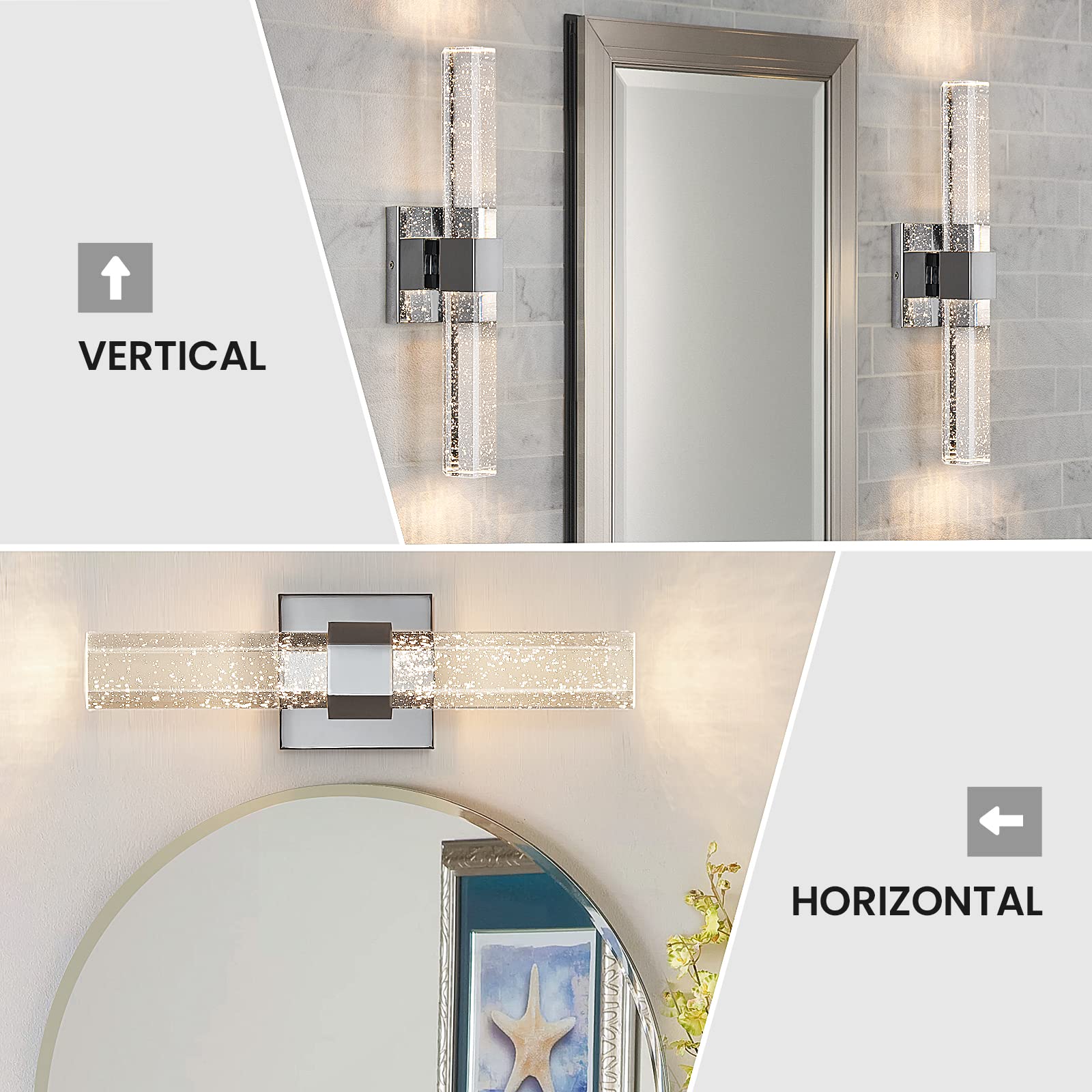 Epinl Chrome LED Bathroom Sconce Light - Modern Crystal Wall Fixture, 3000K, 1-Pack, Versatile for Bedroom, Living Room, Hallway