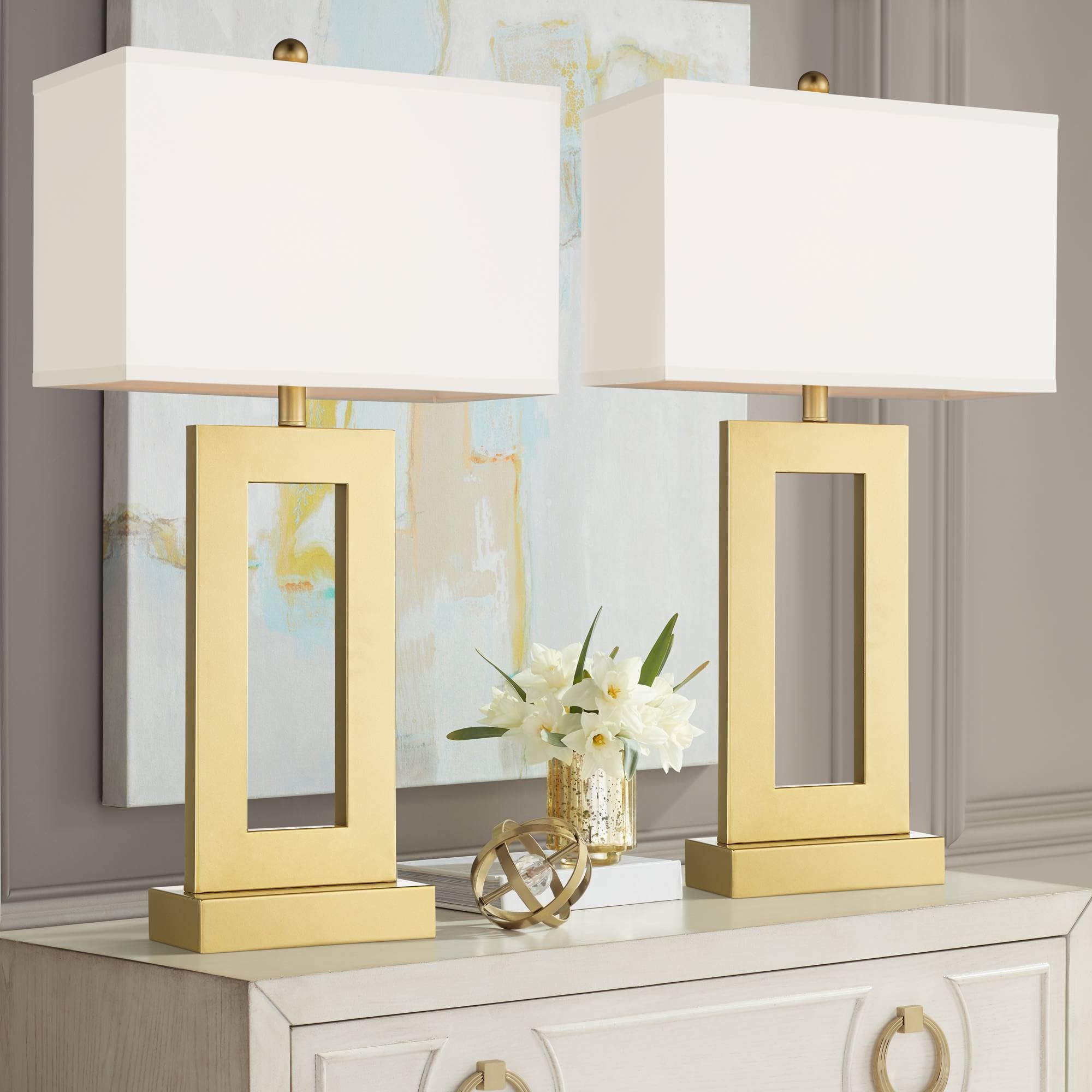 360 Lighting Marshall 30 Tall Open Rectangle Large Modern Luxe Glam End Table Lamps Set of 2 Gold Finish Metal White Shade Living Room Bedroom Bedside Nightstand House Office Home Kitchen