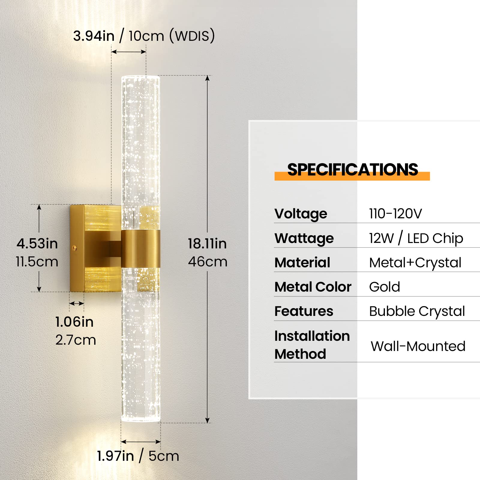 CCYCOL Gold Crystal Wall Sconces - 2-Pack Dimmable LED Lighting, 12W 4000K, 18 Inch, Modern Fixtures for Bathroom & Living Room