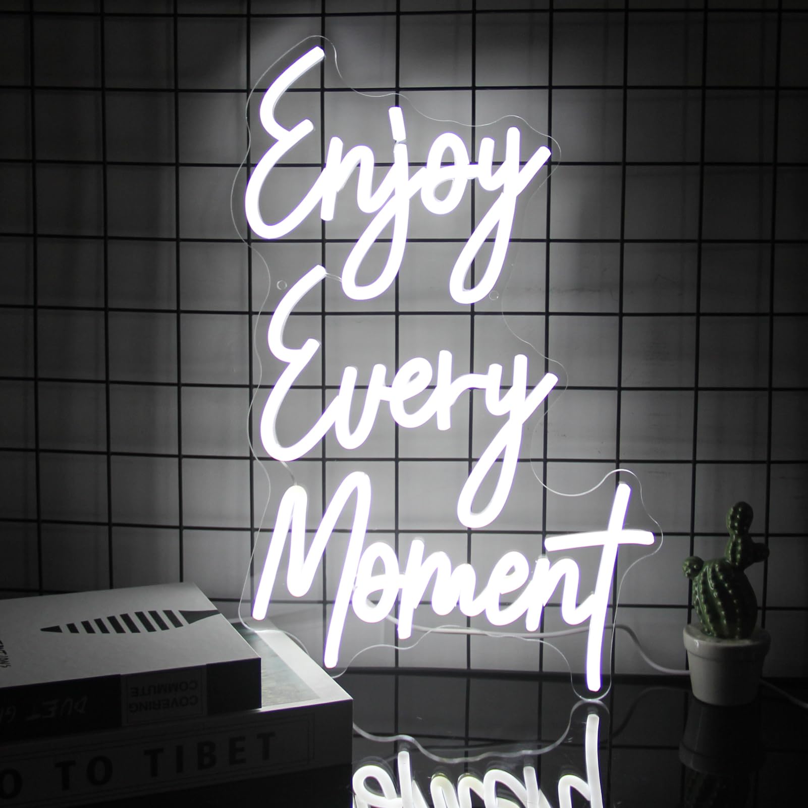 Kullneon Neon Light Sign - Enjoy Every Moment - White Plastic - 16.9inx11.6in for Bedroom, Bar, Restaurant, Party Decor
