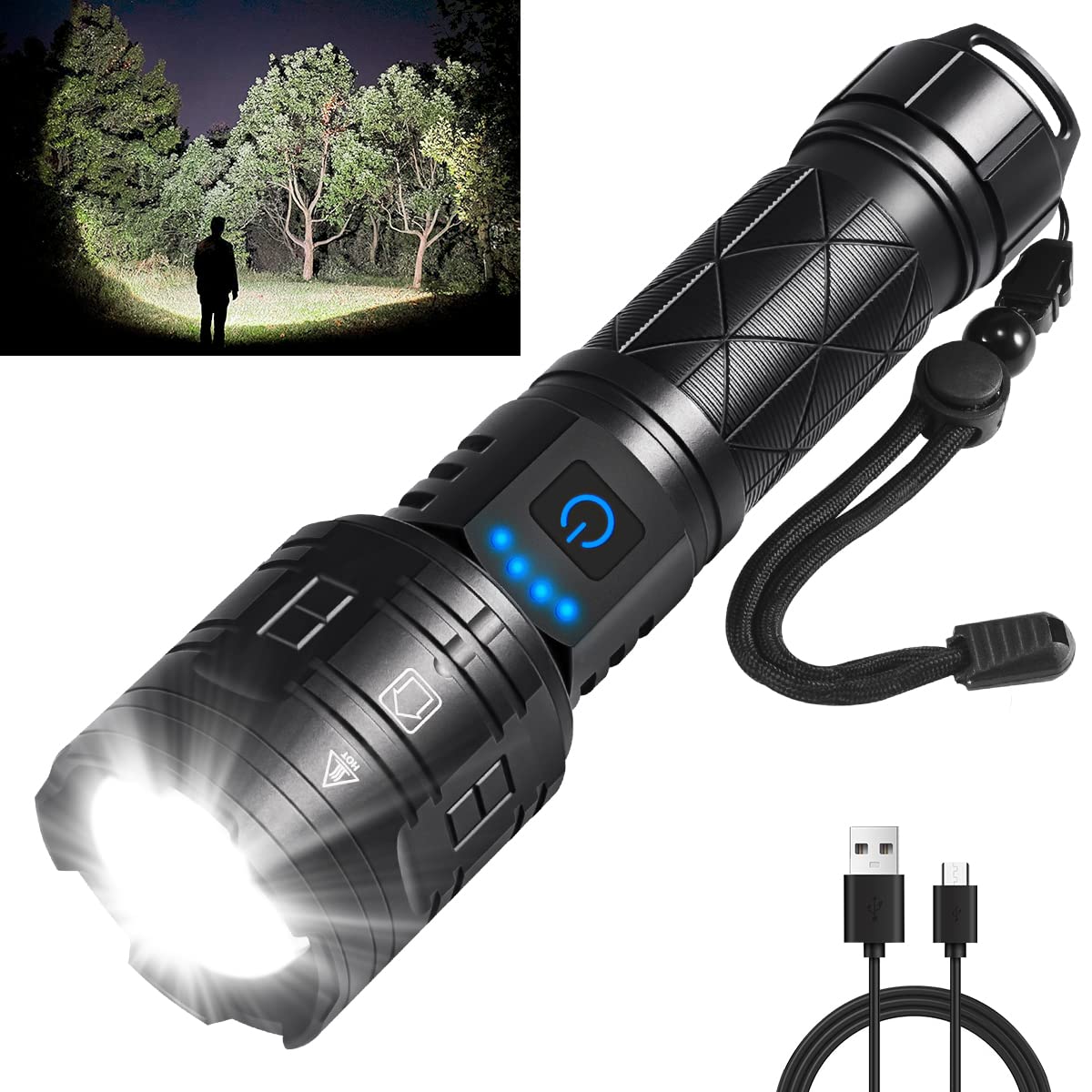 IkeeRuic Rechargeable Tactical Flashlight 990000LM, 5 Modes, Waterproof, Aluminum, Black, 1 Pack