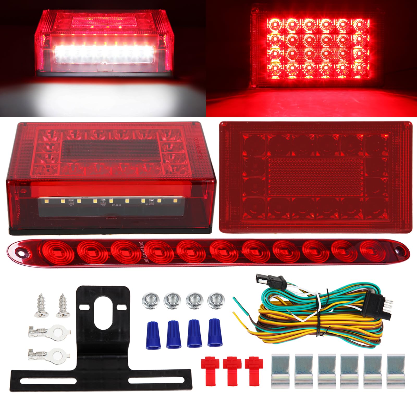 EXERAUO Trailer Lights  6inch LED Submersible Trailer Lights Kit  Enclosed Rectangle Stop Turn License Plate Boat Trailer Lights Kit w/25ft Wiring Harness  Red Led Brake Light Bar
