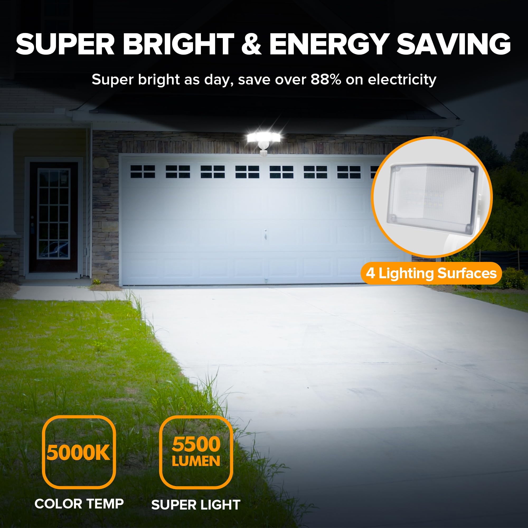 UME LED Security Light 49W 5500LM Motion Sensor, IP65 Waterproof, 3 Head, Dusk to Dawn, 5000K Daylight, White, Model 763281105